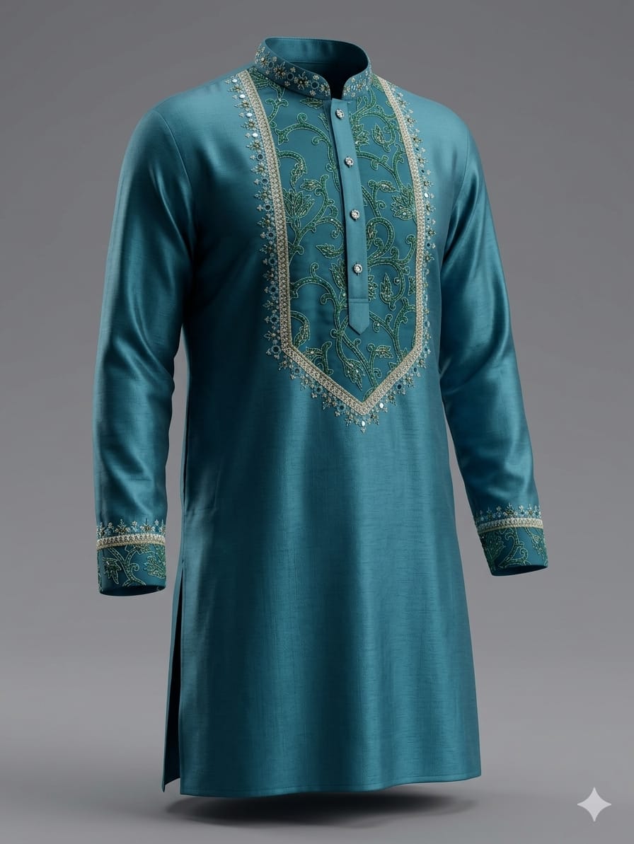 Teal Embroidered Silk Kurta for Men | Premium Festive Ethnic Wear with Intricate Thread Work | Wedding & Celebration Kurta