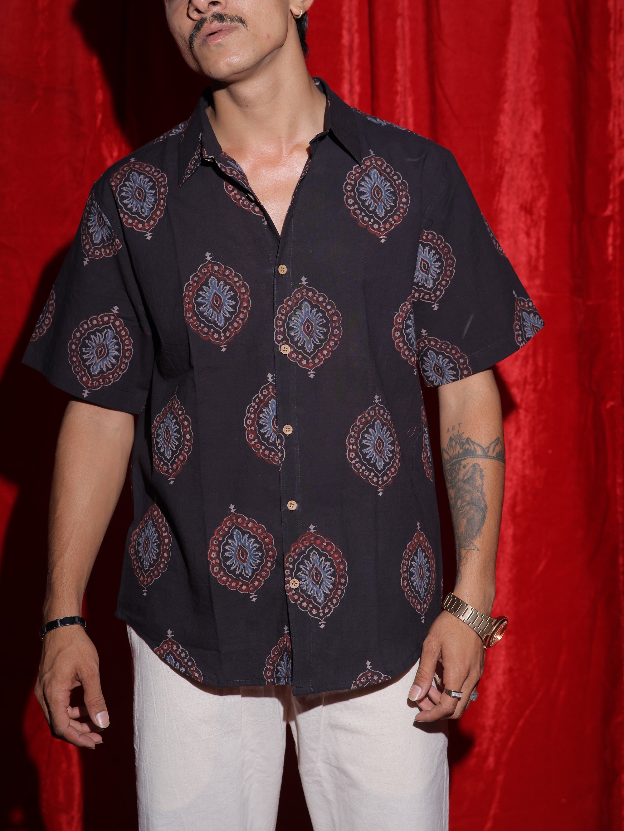 Royal Medallion Print Casual Shirt for Men | Black Ethnic Half Sleeve Shirt | Vintage Indo-Western Fashion Shirt