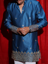 Men’s Royal Blue Embroidered Kurta Set with White Pajama | Luxury Festive Ethnic Wear for Men