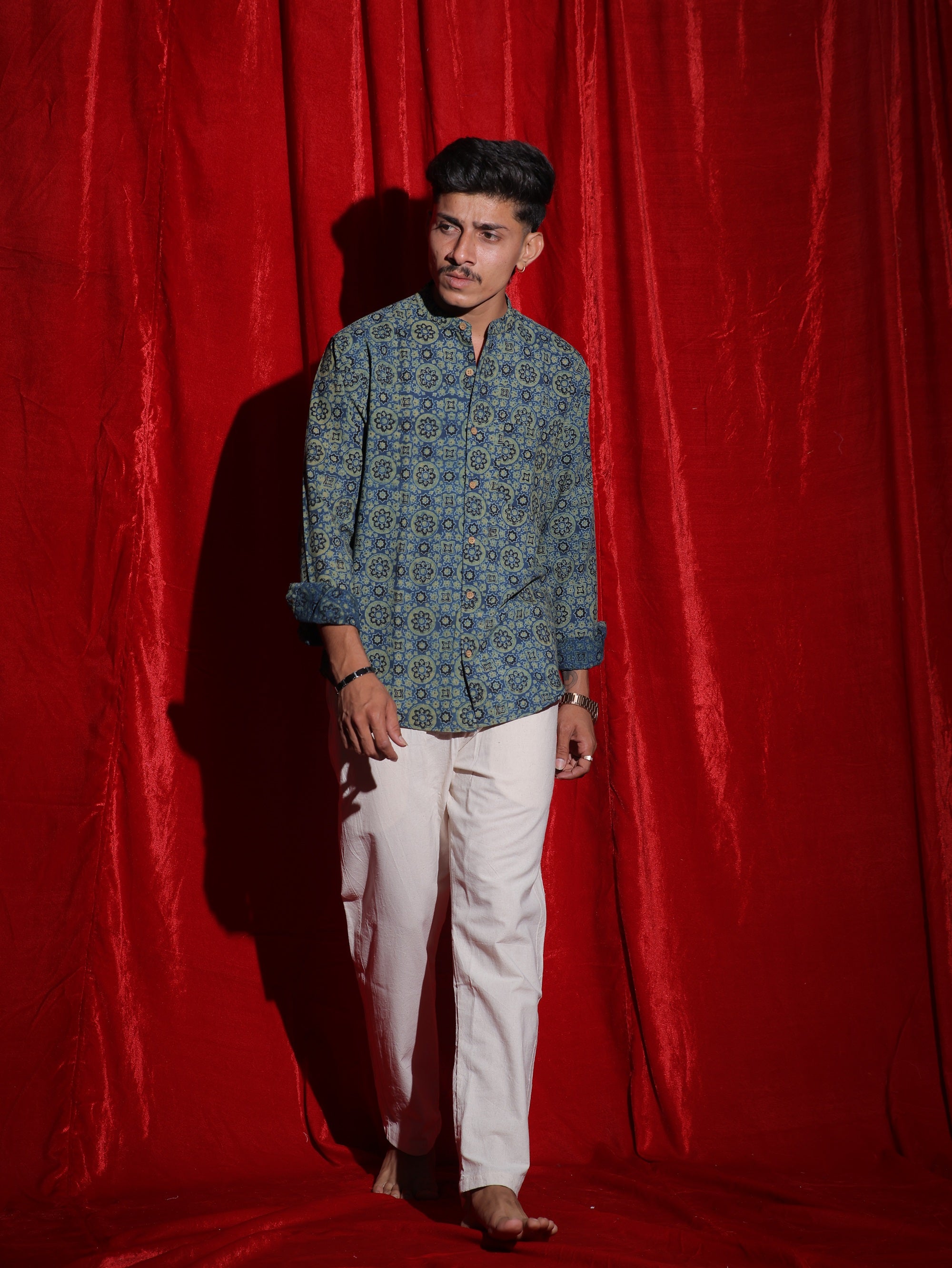 Royal Mosaic Print Mandarin Collar Shirt for Men | Blue Ethnic Full Sleeve Casual Shirt | Indo-Western Statement Fashion Shirt