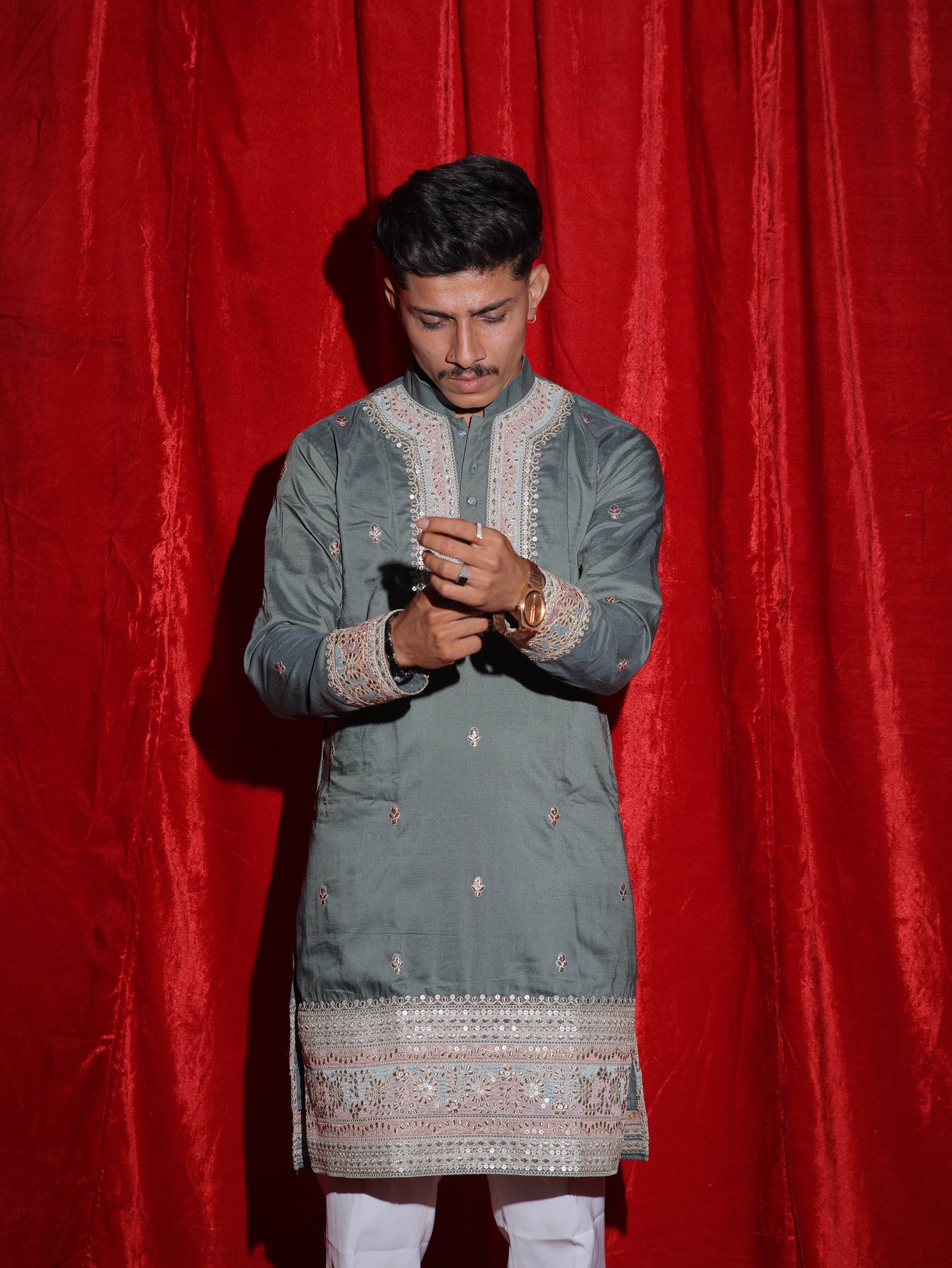 Men’s Sage Green Embroidered Kurta Set with White Pajama | Premium Festive Ethnic Wear for Men