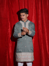 Men’s Sage Green Embroidered Kurta Set with White Pajama | Premium Festive Ethnic Wear for Men