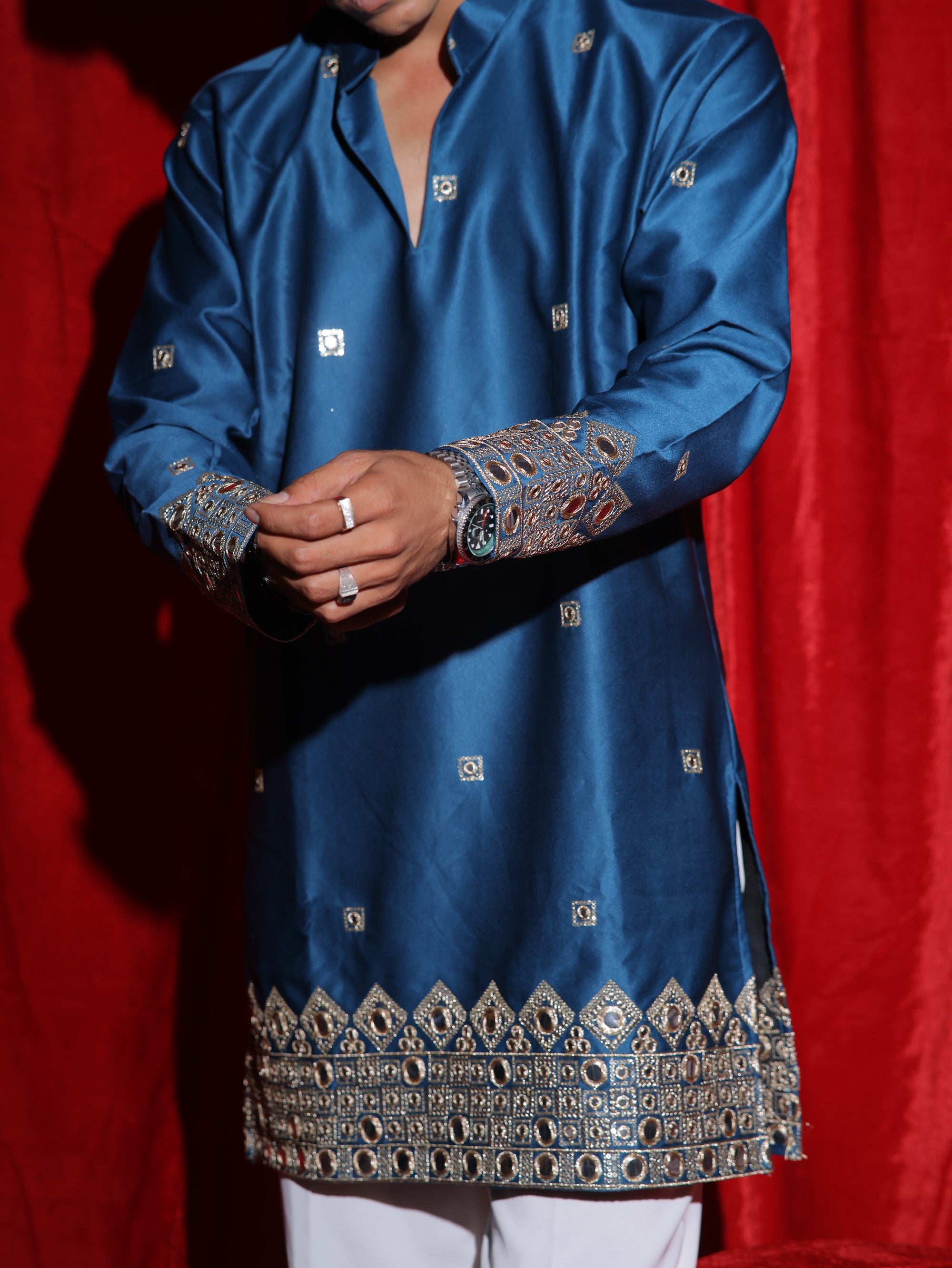 Men’s Royal Blue Embroidered Kurta Set with White Pajama | Luxury Festive Ethnic Wear for Men