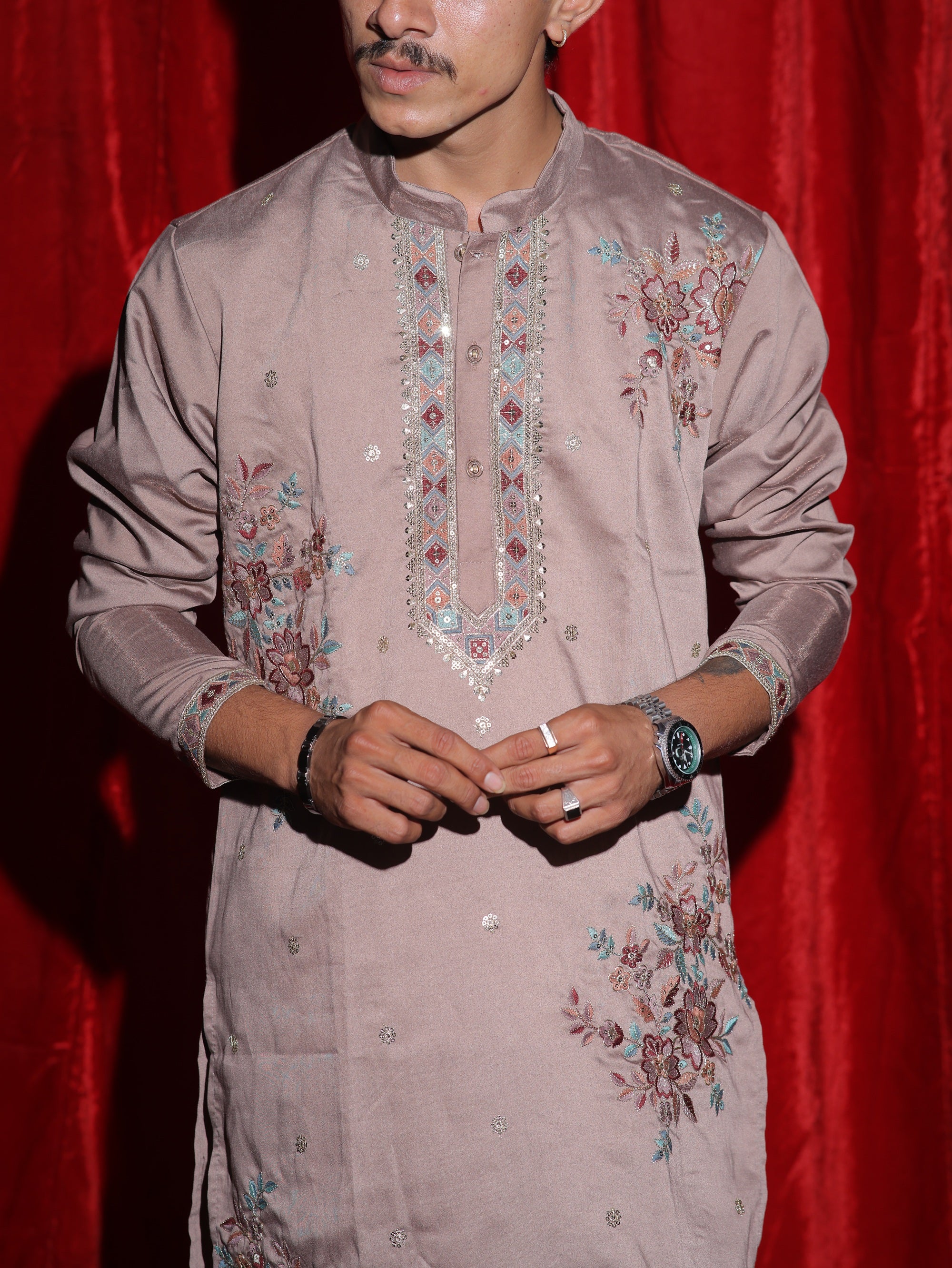 Men’s Dusty Rose Floral Embroidered Kurta Set | Premium Festive Ethnic Wear with White Pajama