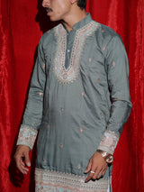 Men’s Sage Green Embroidered Kurta Set with White Pajama | Premium Festive Ethnic Wear for Men