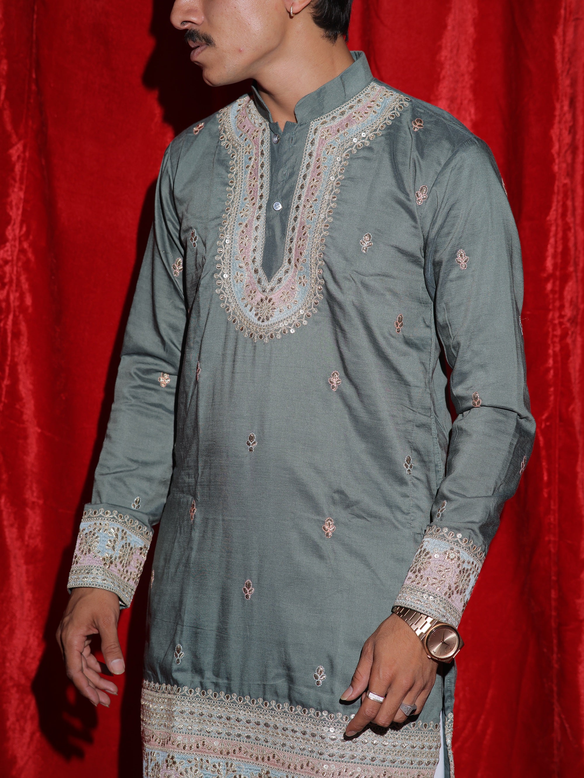 Men’s Sage Green Embroidered Kurta Set with White Pajama | Premium Festive Ethnic Wear for Men