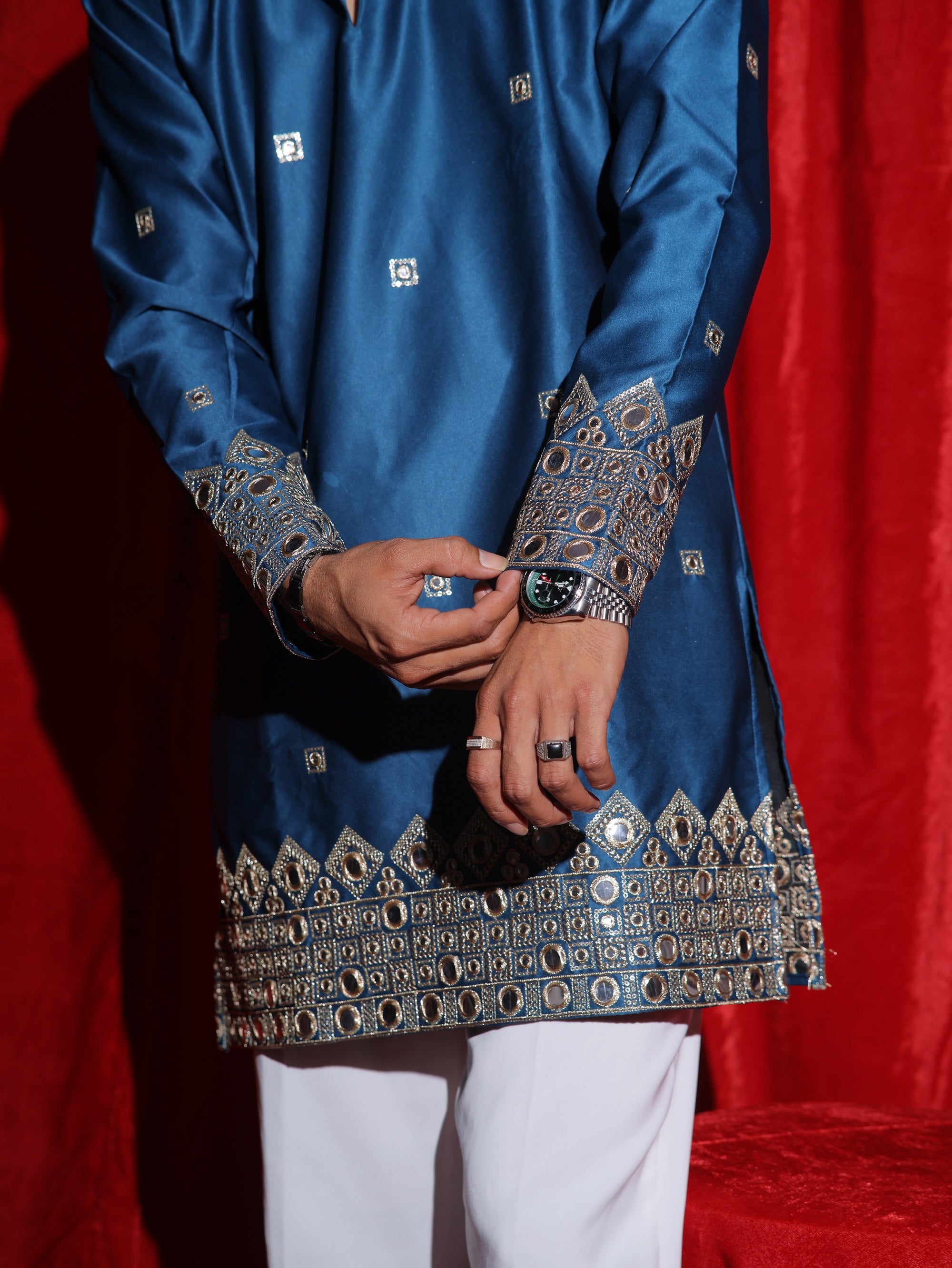 Men’s Royal Blue Embroidered Kurta Set with White Pajama | Luxury Festive Ethnic Wear for Men