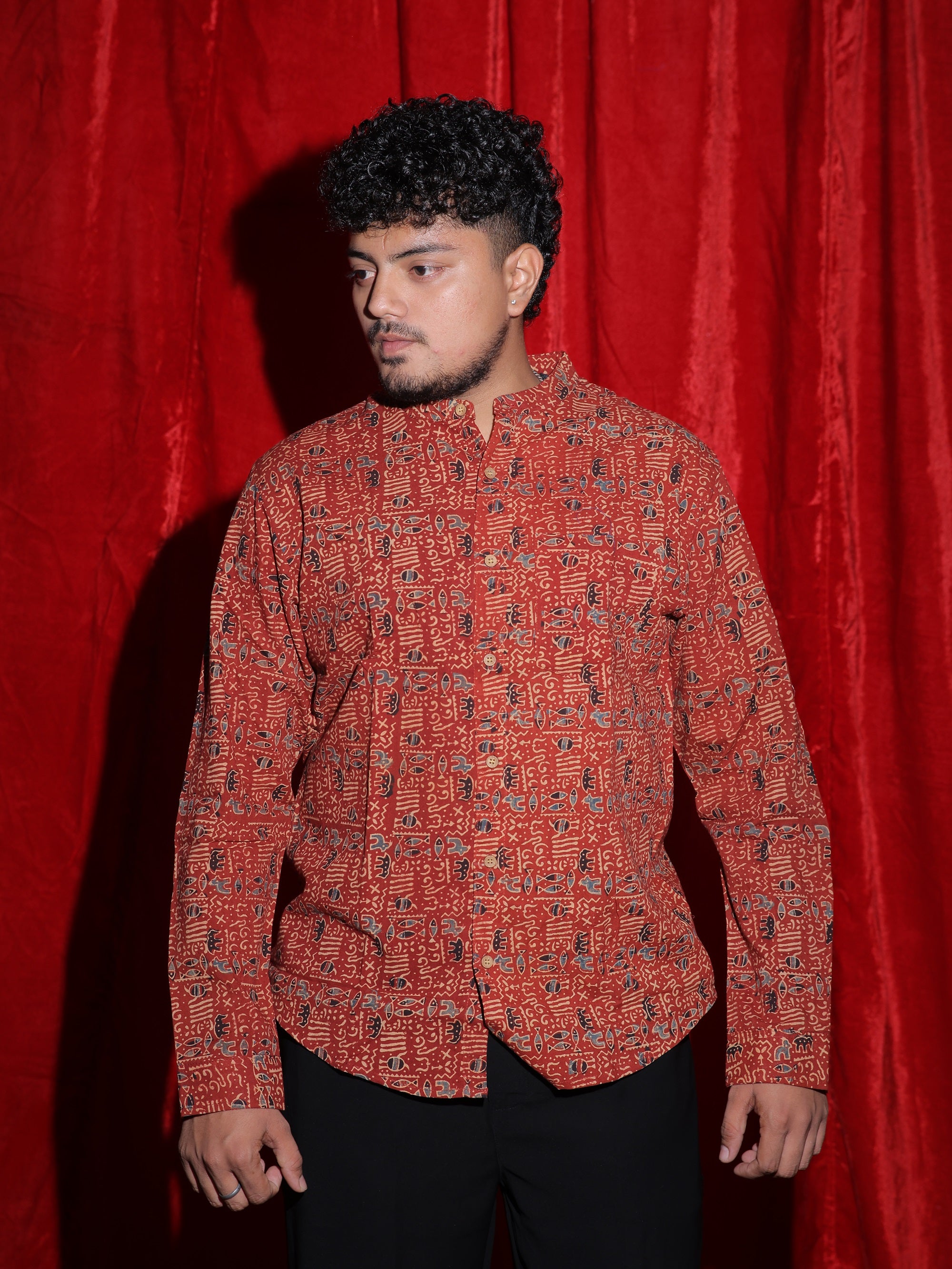 Ethnic Tribal Print Casual Shirt for Men | Rust Red Abstract Full Sleeve Shirt | Indo-Western Statement Fashion Shirt