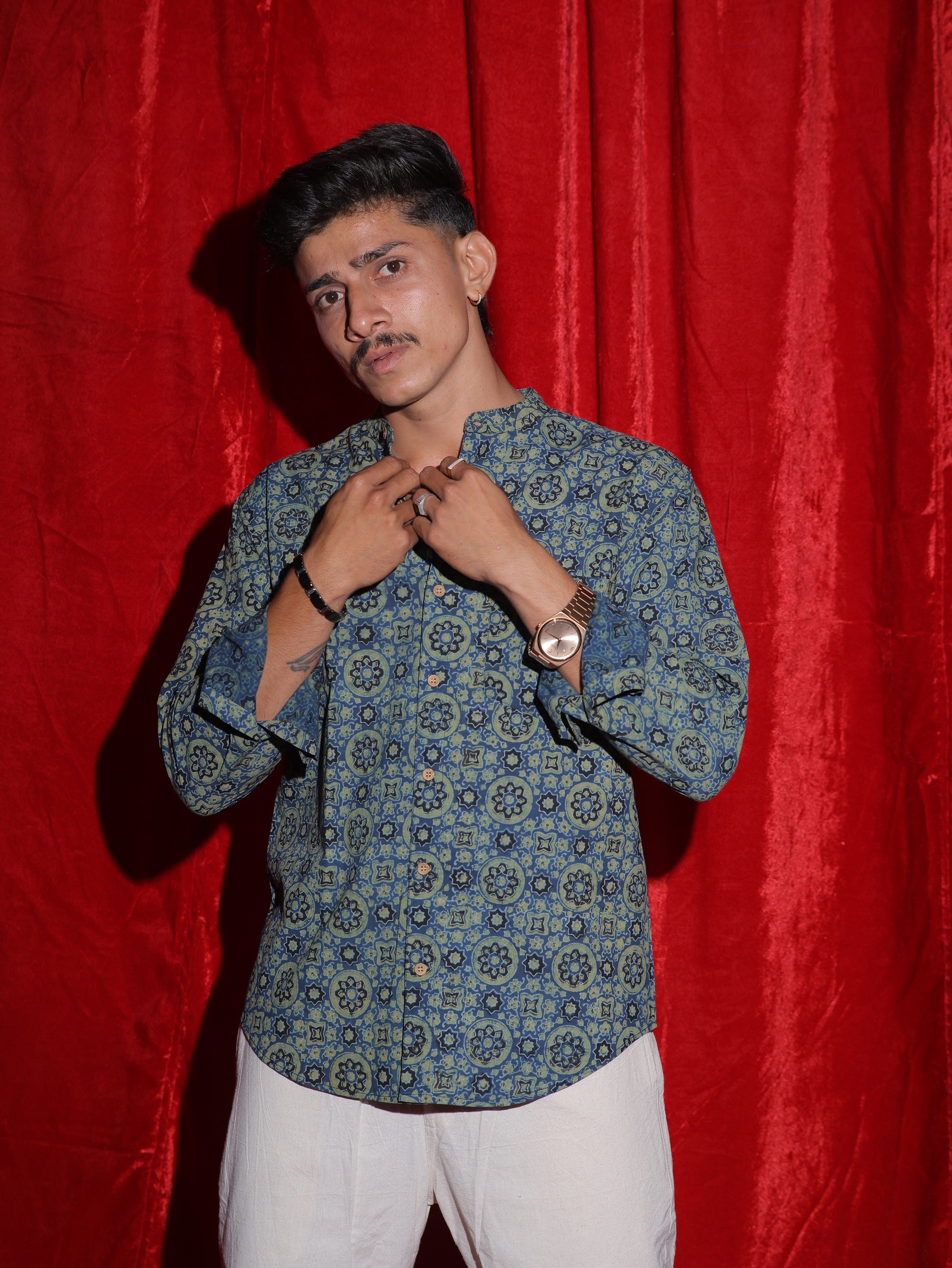 Royal Mosaic Print Mandarin Collar Shirt for Men | Blue Ethnic Full Sleeve Casual Shirt | Indo-Western Statement Fashion Shirt