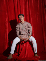 Men’s Dusty Rose Floral Embroidered Kurta Set | Premium Festive Ethnic Wear with White Pajama