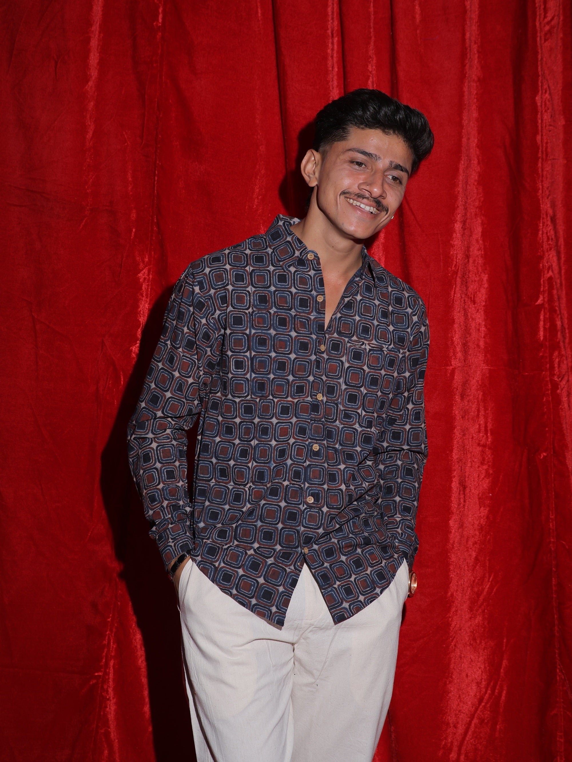 Retro Geometric Print Casual Shirt for Men | Vintage Square Pattern Full Sleeve Shirt | Modern Statement Fashion Shirt