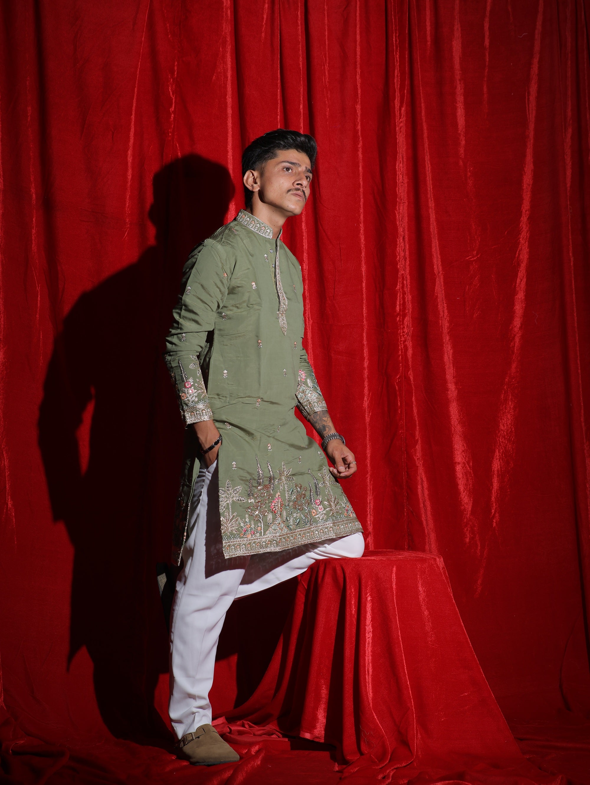 Men’s Olive Green Embroidered Kurta Set with White Pajama | Premium Festive Ethnic Wear