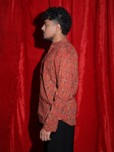 Ethnic Tribal Print Casual Shirt for Men | Rust Red Abstract Full Sleeve Shirt | Indo-Western Statement Fashion Shirt