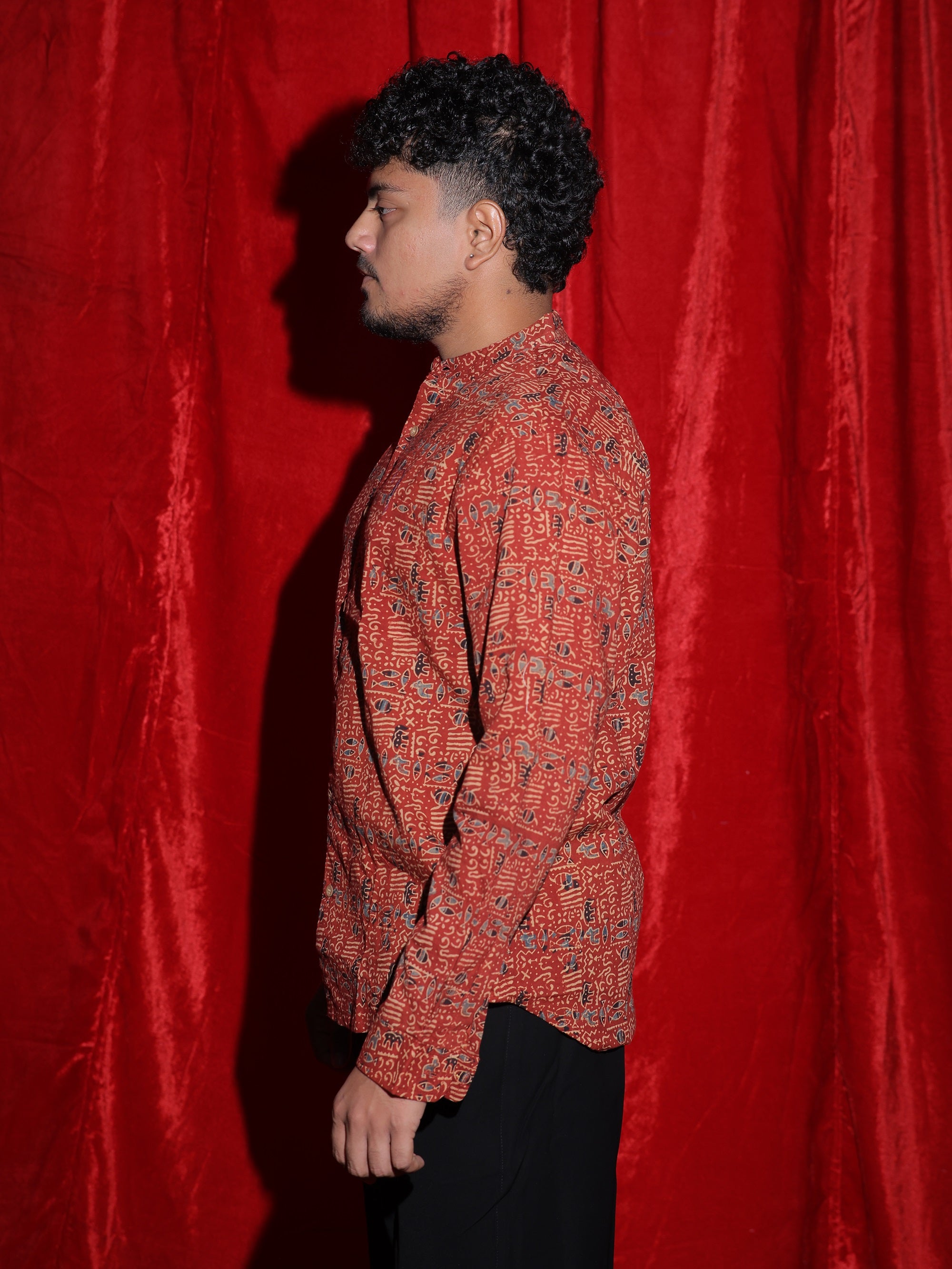 Ethnic Tribal Print Casual Shirt for Men | Rust Red Abstract Full Sleeve Shirt | Indo-Western Statement Fashion Shirt