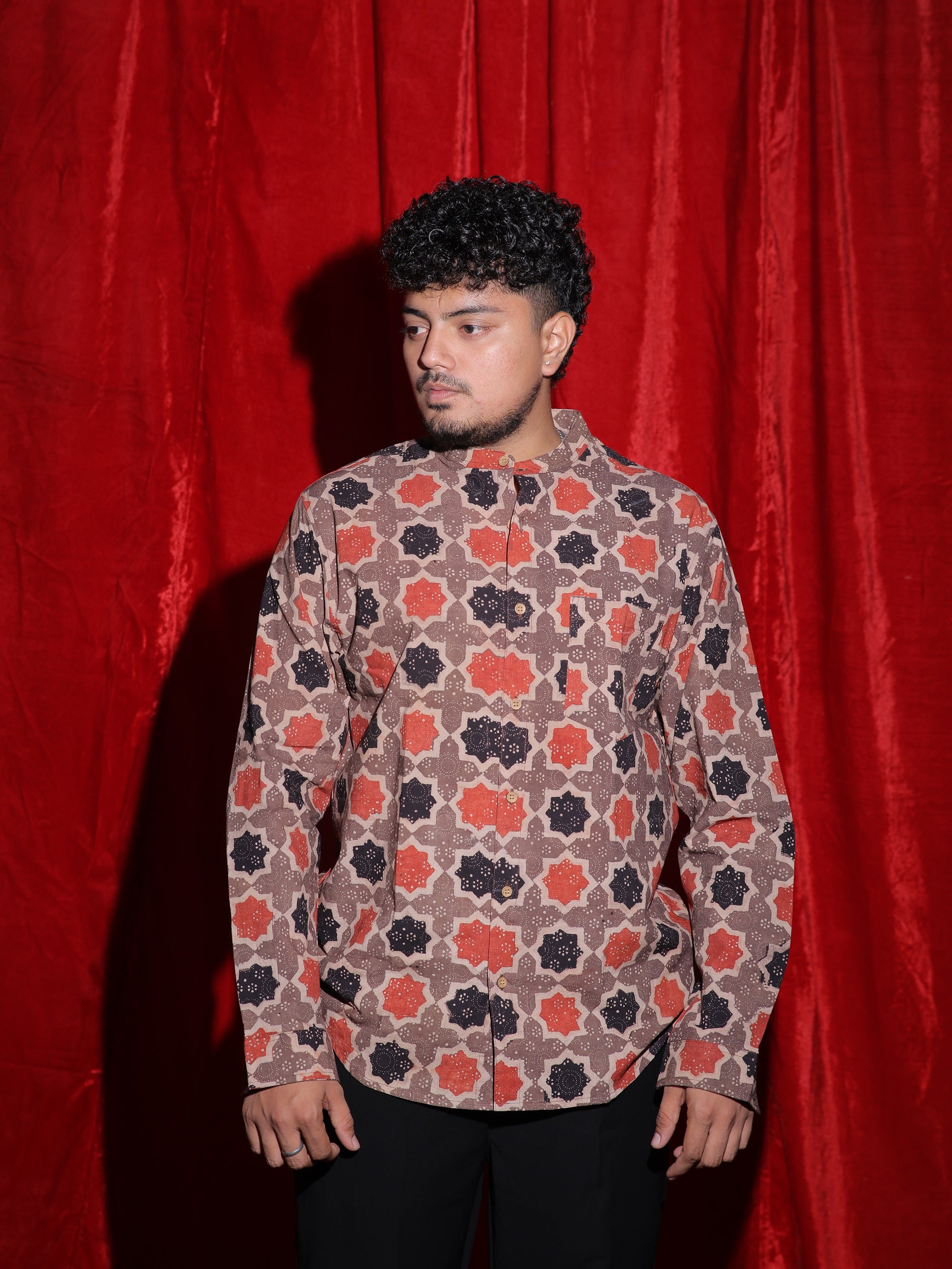 Geometric Ethnic Print Mandarin Collar Shirt for Men | Indo-Western Full Sleeve Casual Shirt | Vintage Pattern Fashion Shirt