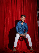 Men’s Royal Blue Embroidered Kurta Set with White Pajama | Luxury Festive Ethnic Wear for Men