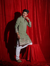 Men’s Olive Green Embroidered Kurta Set with White Pajama | Premium Festive Ethnic Wear
