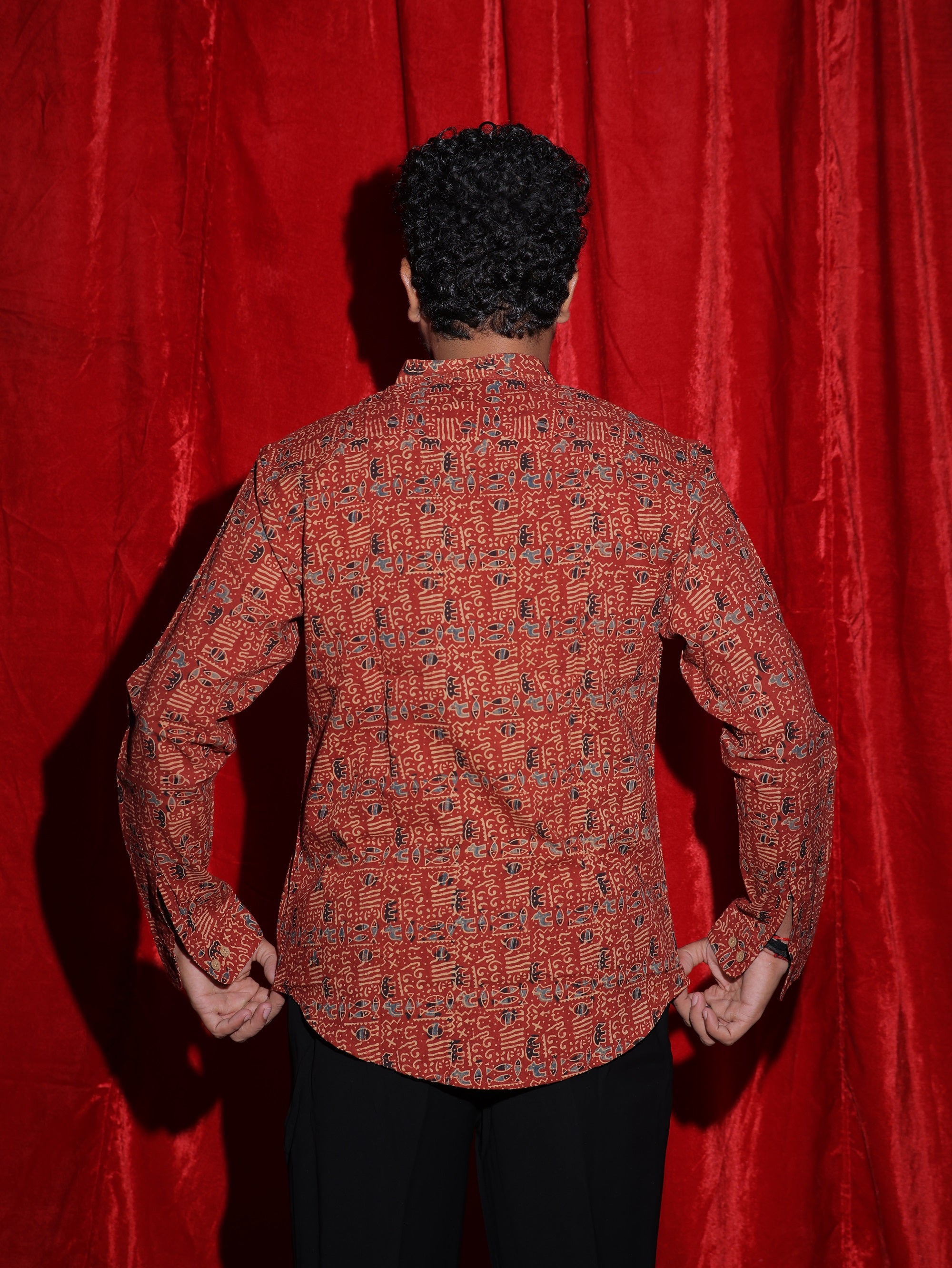 Ethnic Tribal Print Casual Shirt for Men | Rust Red Abstract Full Sleeve Shirt | Indo-Western Statement Fashion Shirt