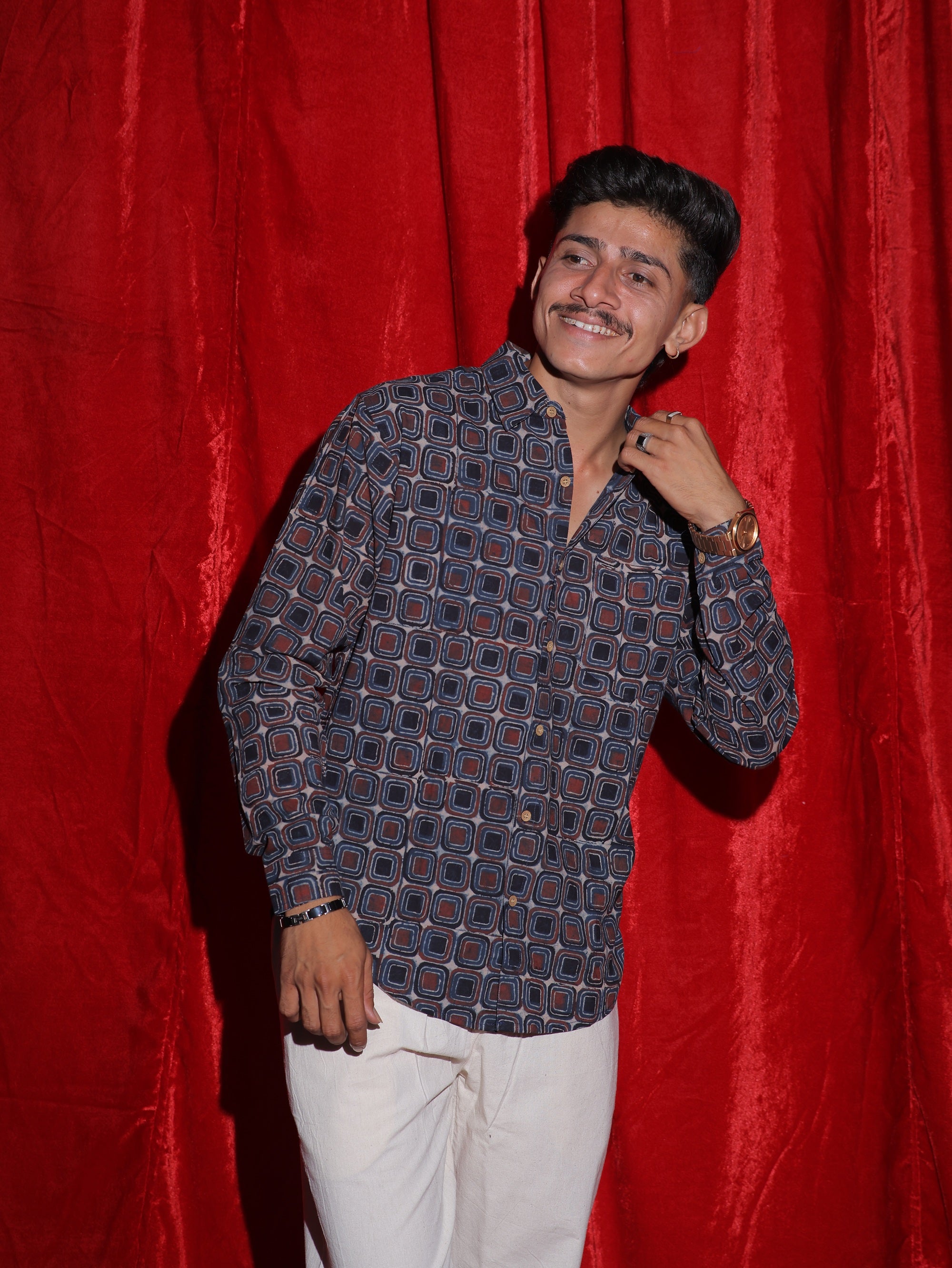 Retro Geometric Print Casual Shirt for Men | Vintage Square Pattern Full Sleeve Shirt | Modern Statement Fashion Shirt