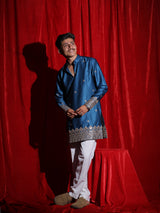 Men’s Royal Blue Embroidered Kurta Set with White Pajama | Luxury Festive Ethnic Wear for Men