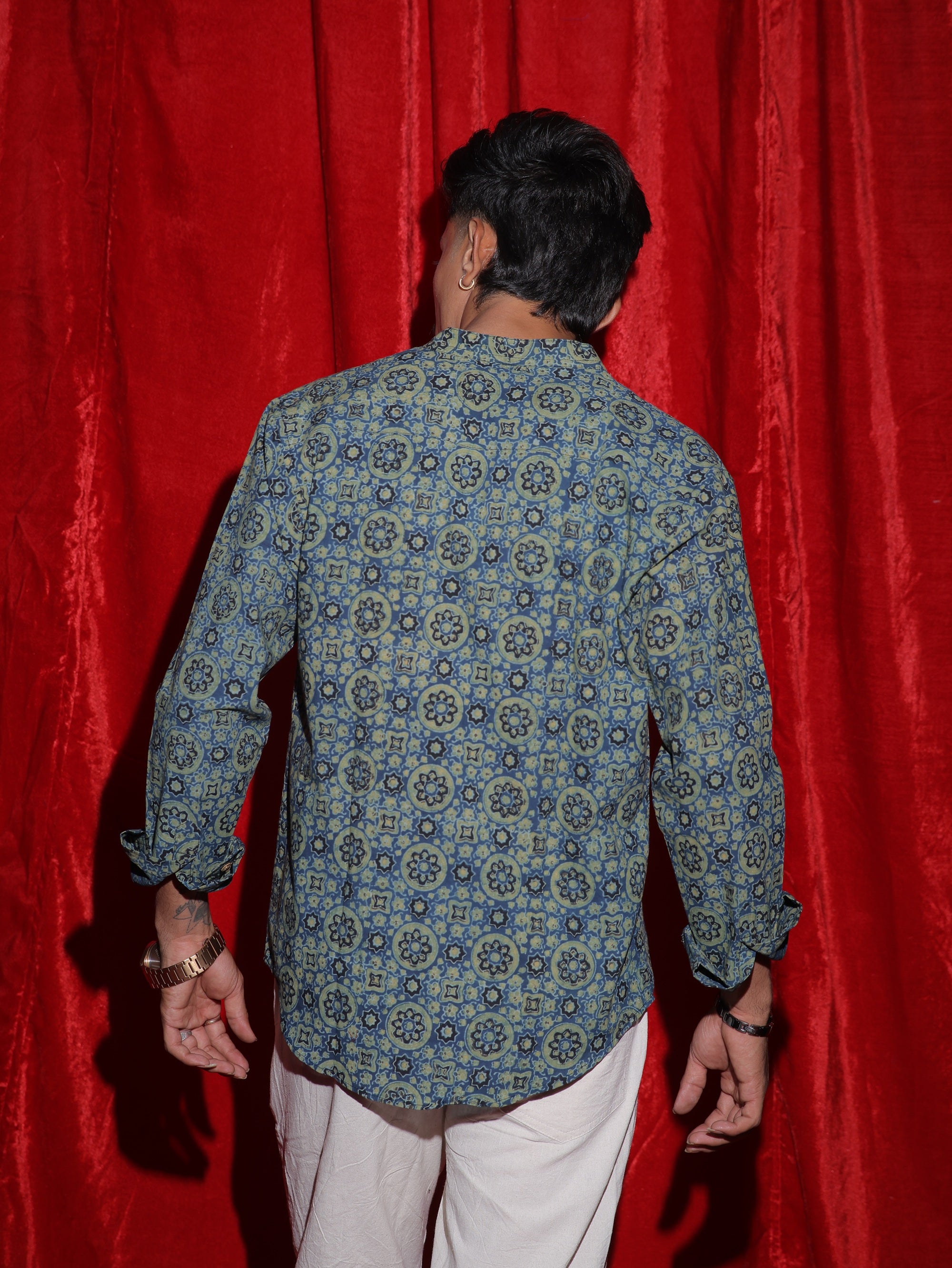Royal Mosaic Print Mandarin Collar Shirt for Men | Blue Ethnic Full Sleeve Casual Shirt | Indo-Western Statement Fashion Shirt