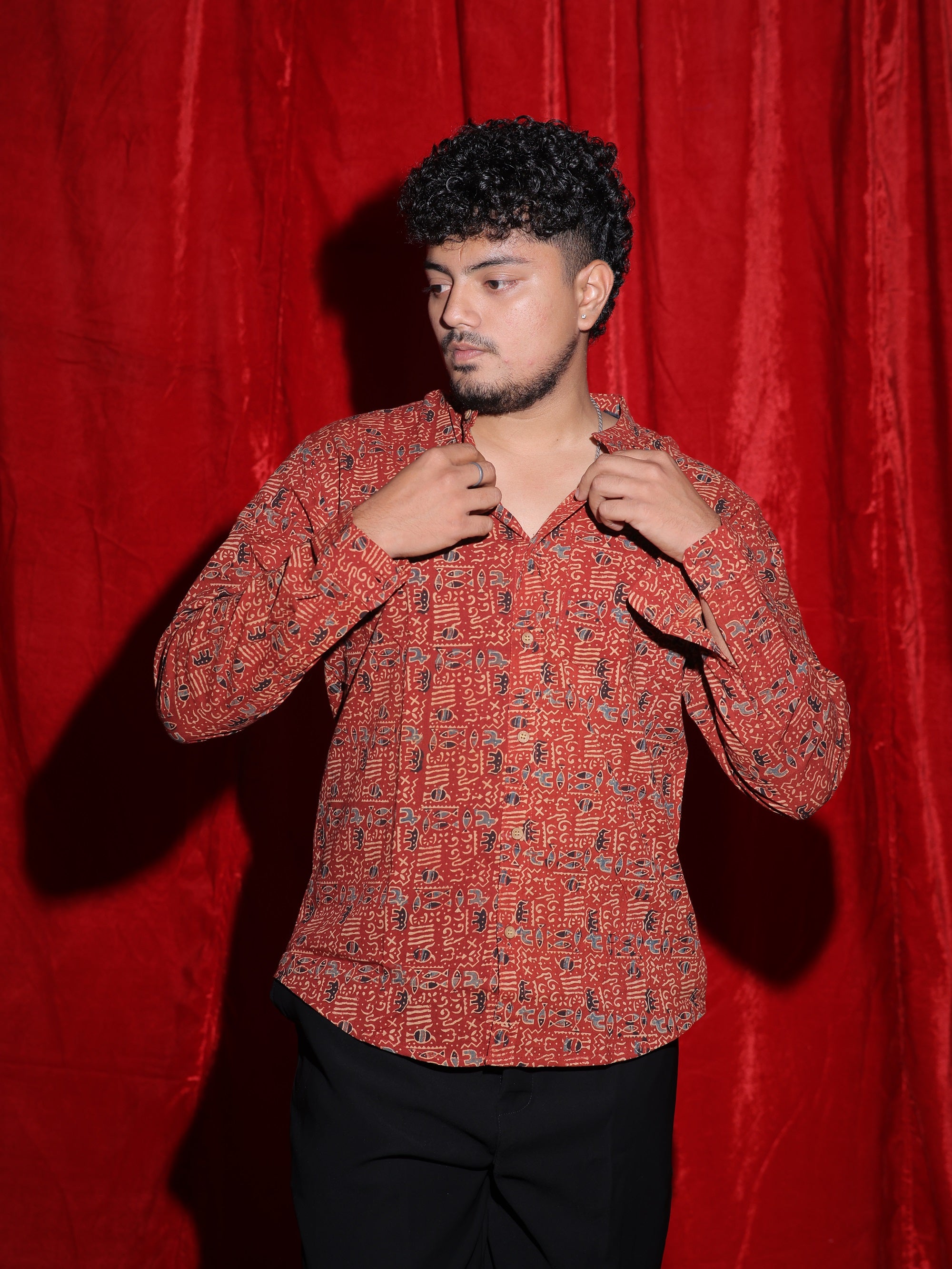 Ethnic Tribal Print Casual Shirt for Men | Rust Red Abstract Full Sleeve Shirt | Indo-Western Statement Fashion Shirt