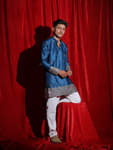 Men’s Royal Blue Embroidered Kurta Set with White Pajama | Luxury Festive Ethnic Wear for Men