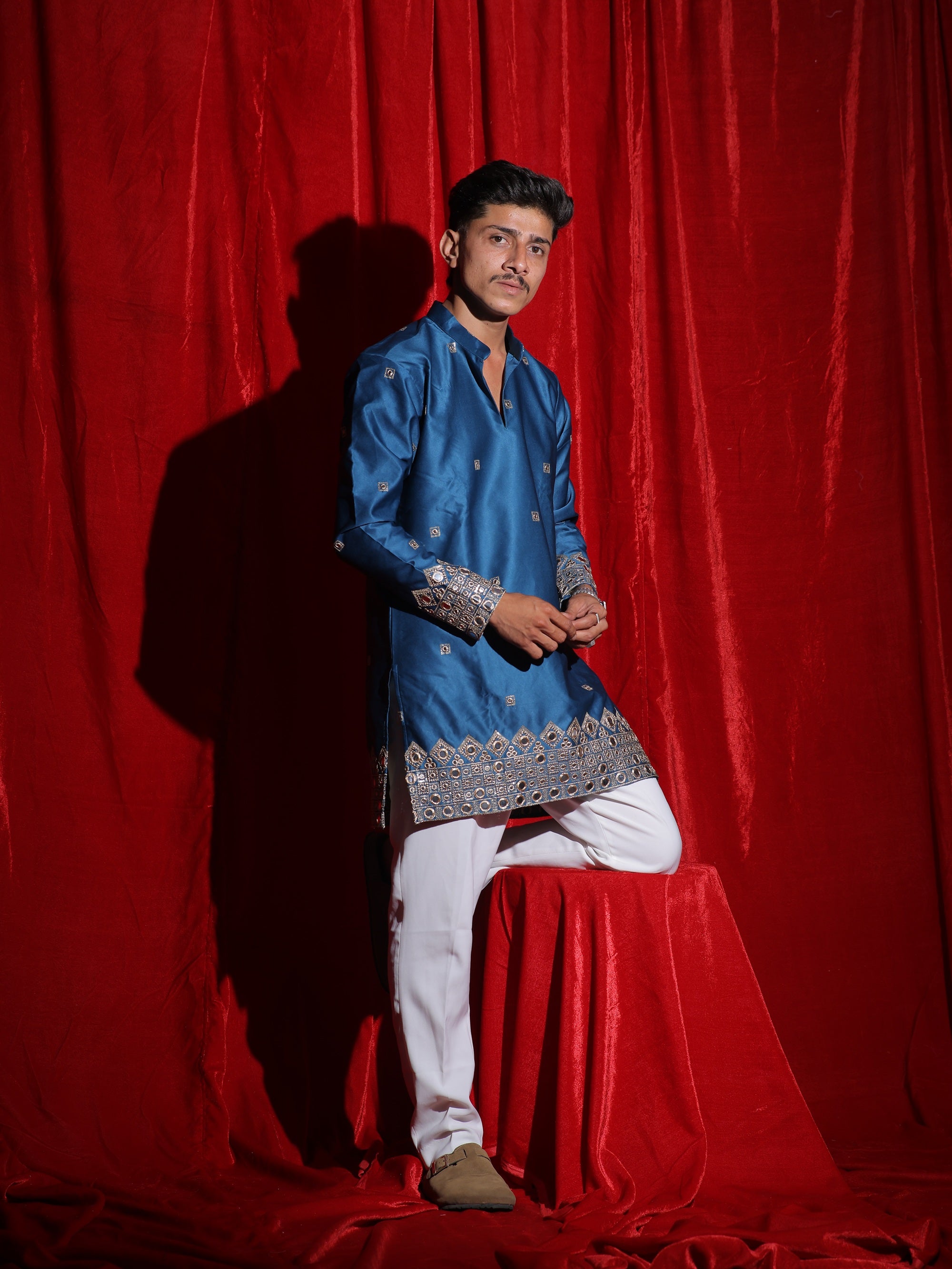 Men’s Royal Blue Embroidered Kurta Set with White Pajama | Luxury Festive Ethnic Wear for Men