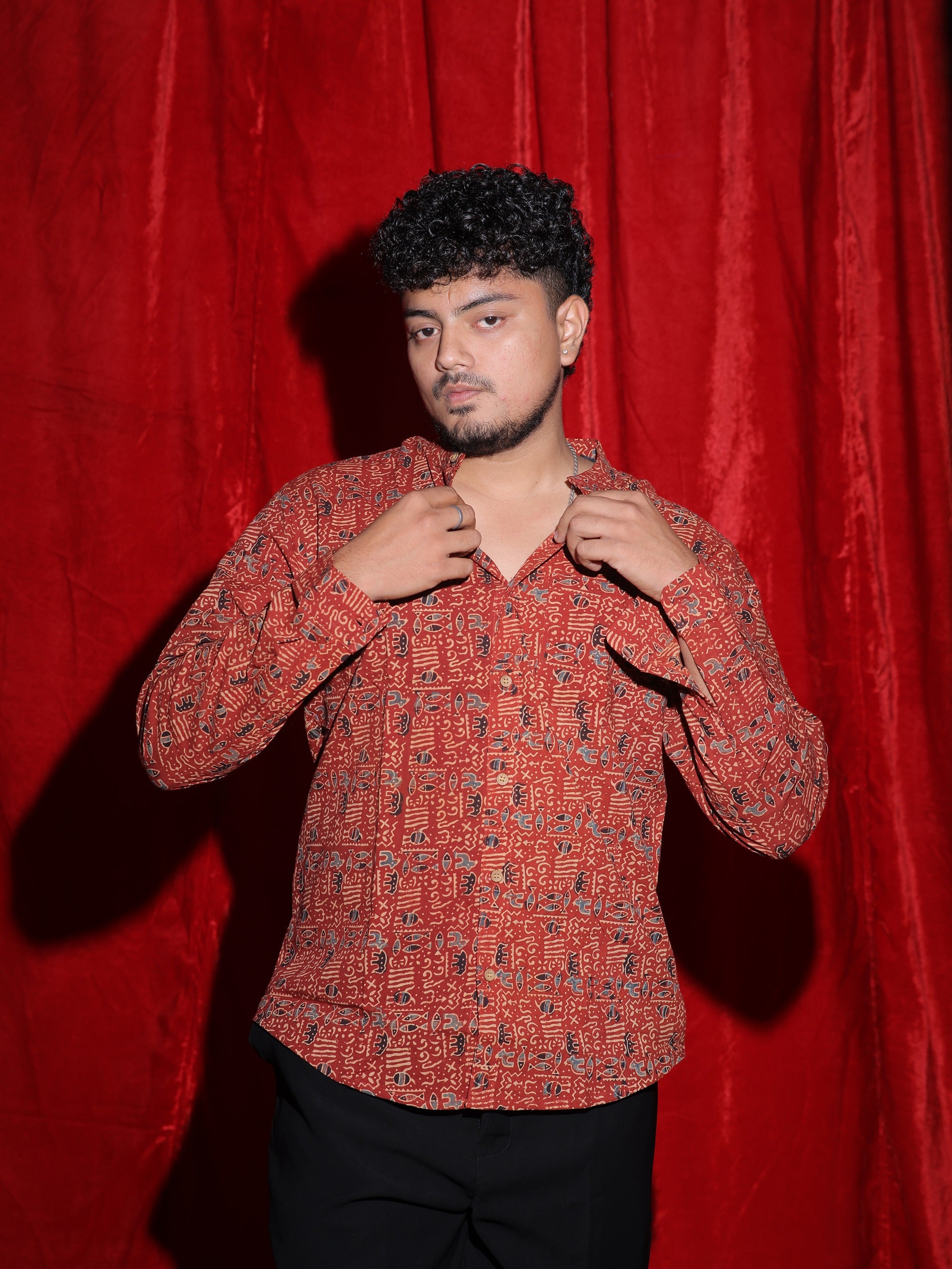 Ethnic Tribal Print Casual Shirt for Men | Rust Red Abstract Full Sleeve Shirt | Indo-Western Statement Fashion Shirt