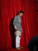 Men’s Sage Green Embroidered Kurta Set with White Pajama | Premium Festive Ethnic Wear for Men