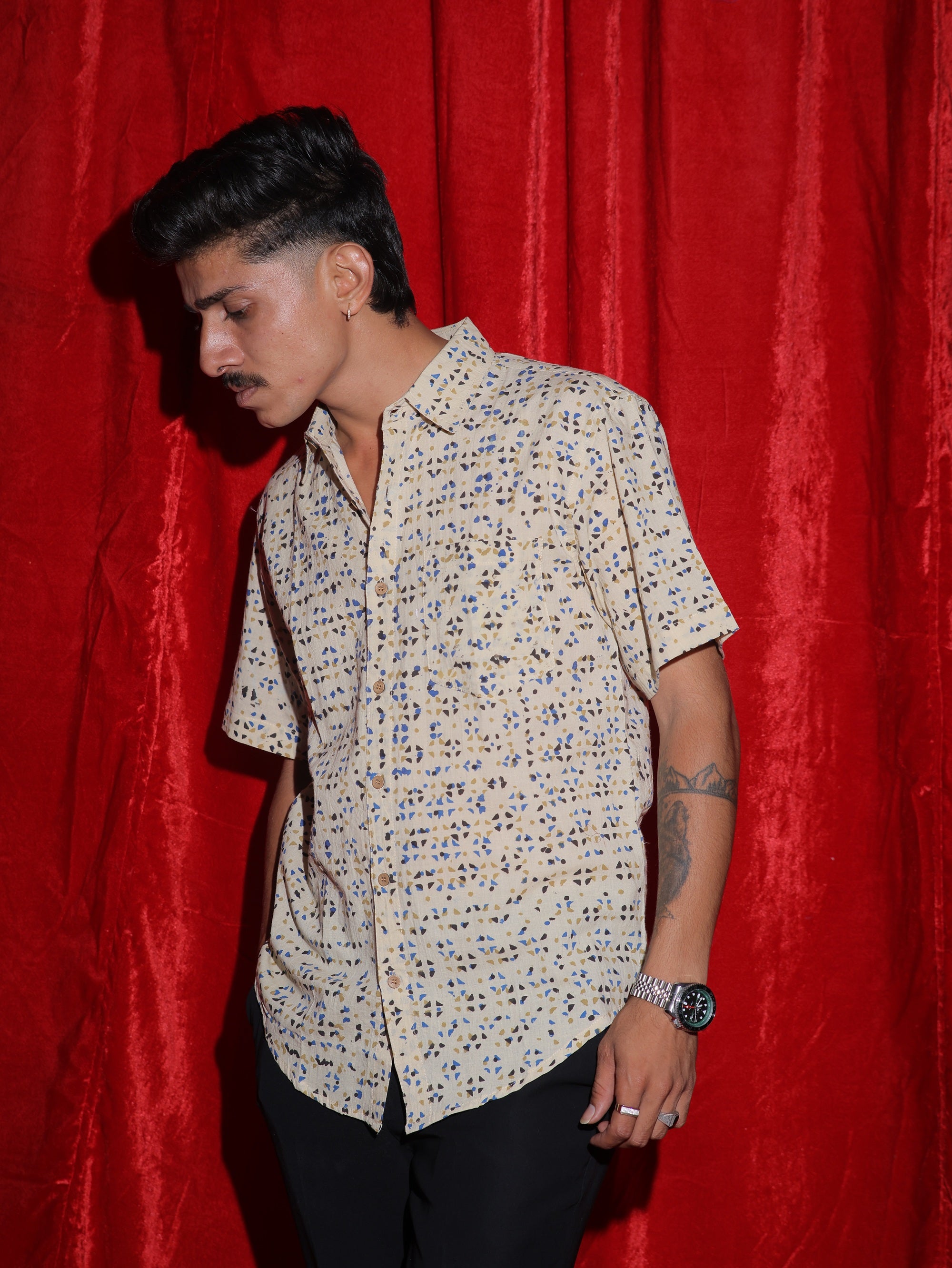 Minimal Geometric Print Casual Shirt for Men | Abstract Pattern Half Sleeve Shirt | Modern Summer Fashion Shirt