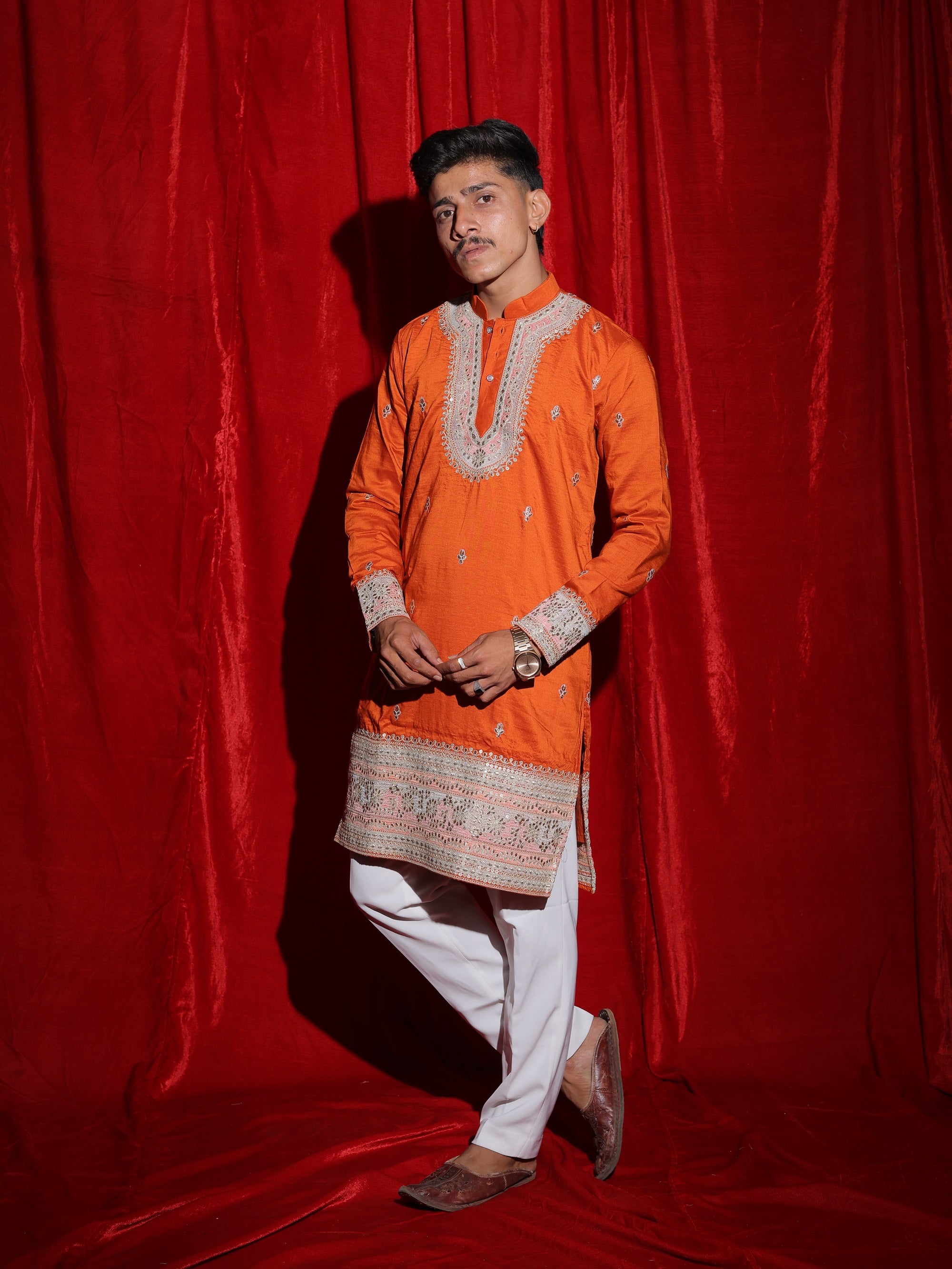 Vibrant Orange Embroidered Men’s Kurta | Premium Festive Ethnic Wear