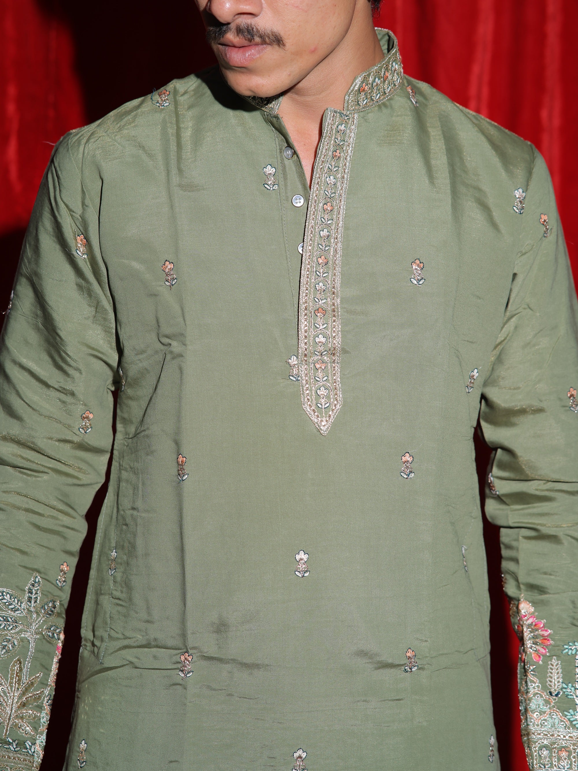 Men’s Olive Green Embroidered Kurta Set with White Pajama | Premium Festive Ethnic Wear