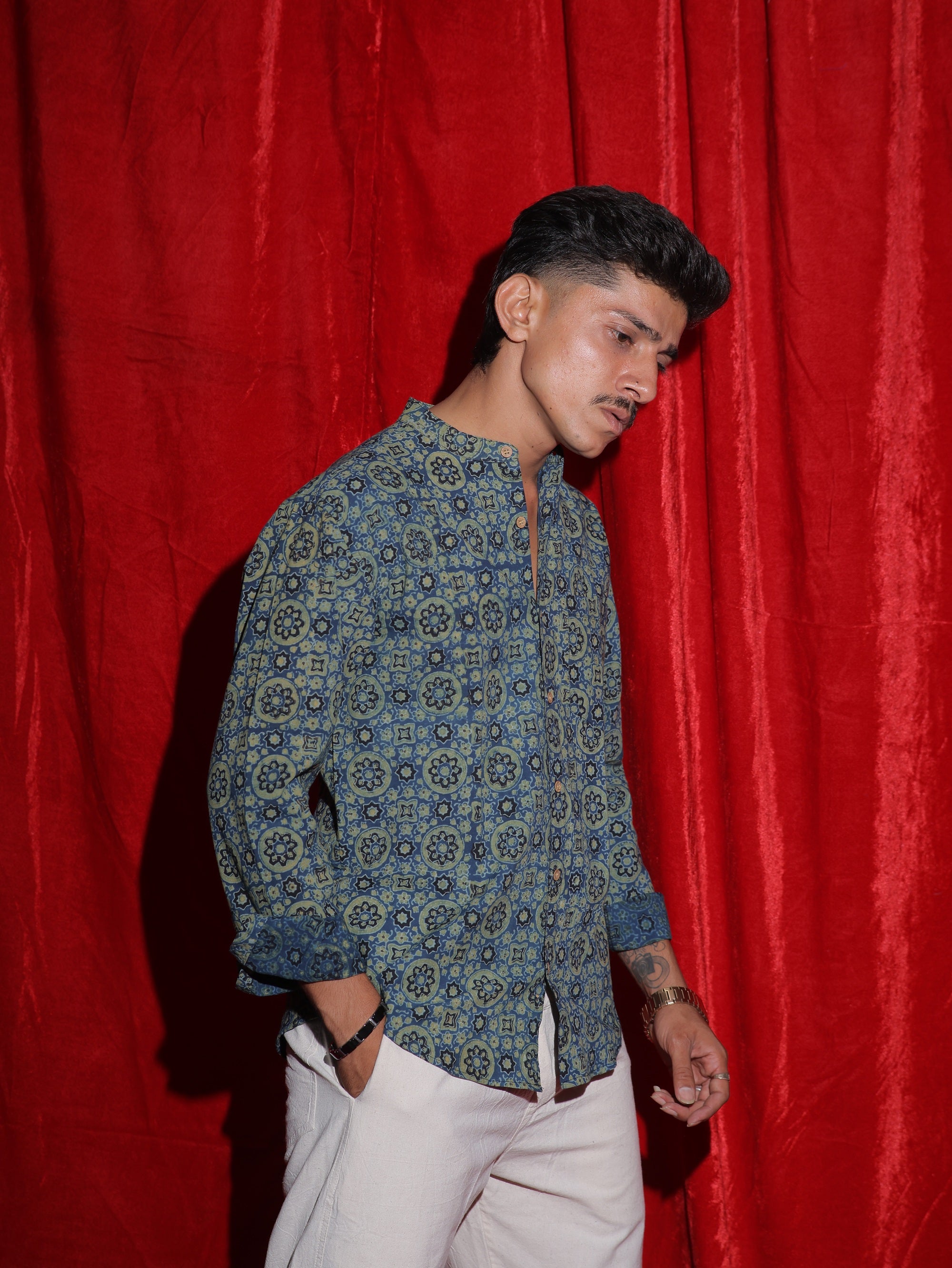 Royal Mosaic Print Mandarin Collar Shirt for Men | Blue Ethnic Full Sleeve Casual Shirt | Indo-Western Statement Fashion Shirt