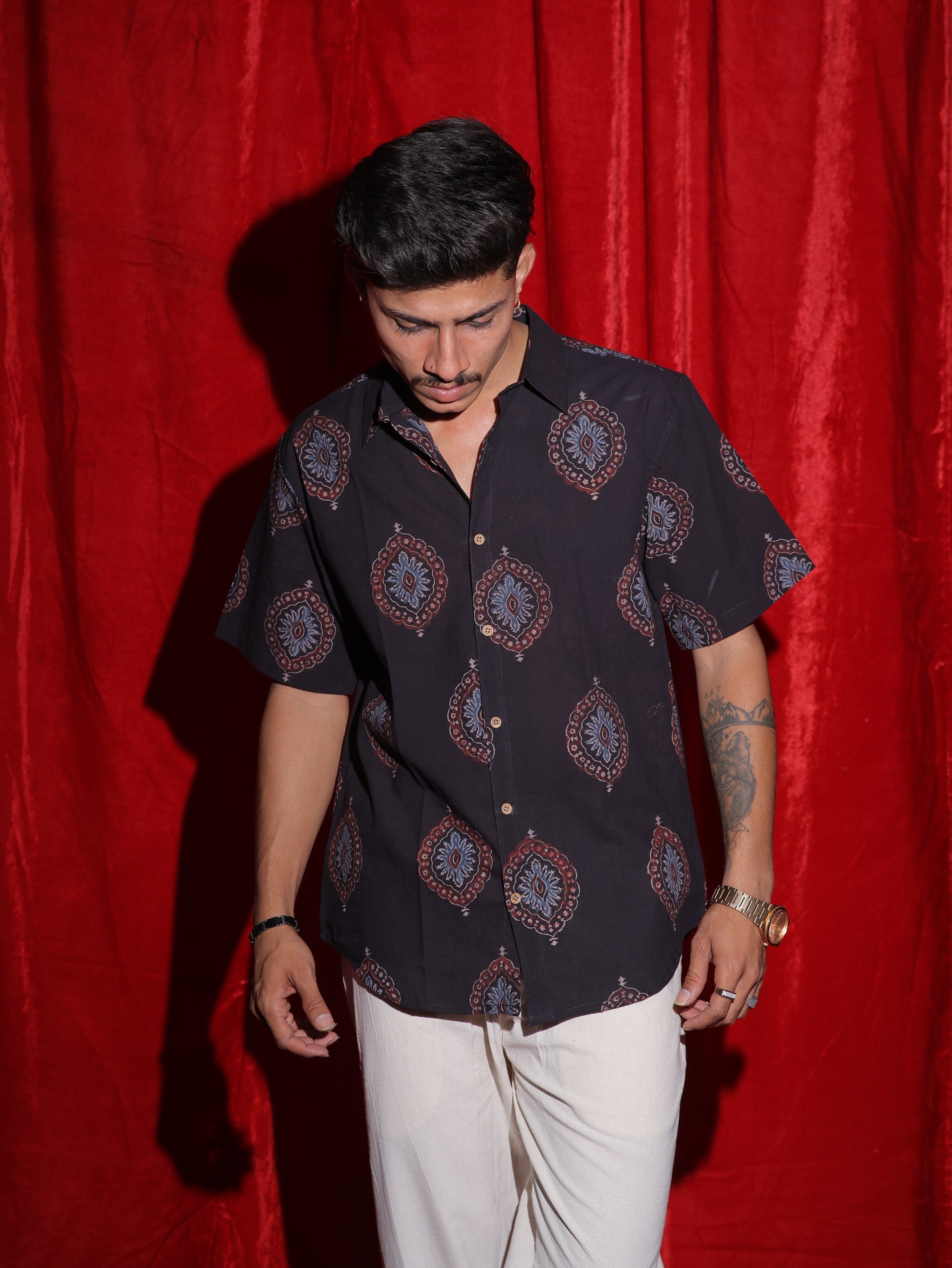 Royal Medallion Print Casual Shirt for Men | Black Ethnic Half Sleeve Shirt | Vintage Indo-Western Fashion Shirt
