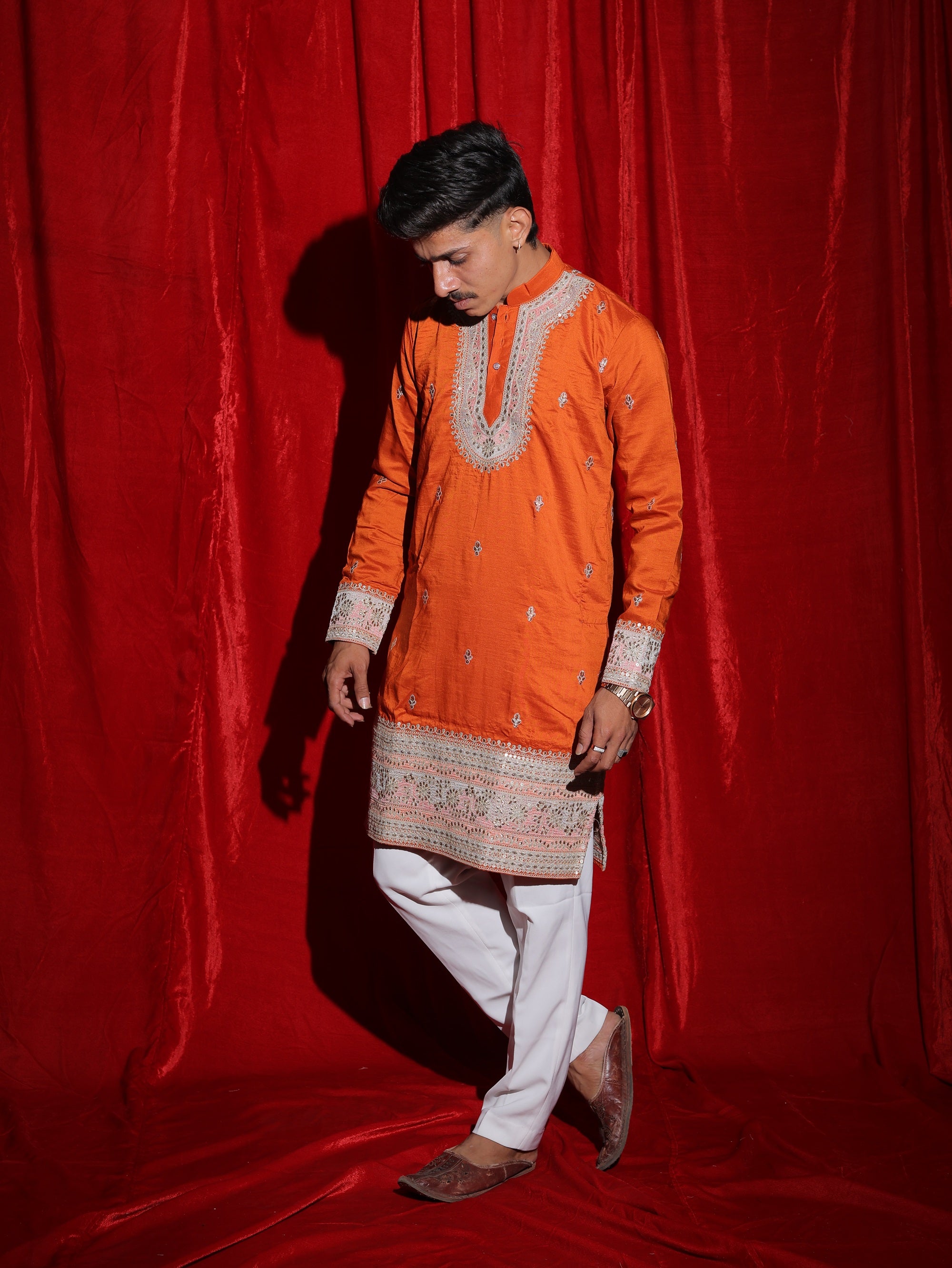 Vibrant Orange Embroidered Men’s Kurta | Premium Festive Ethnic Wear