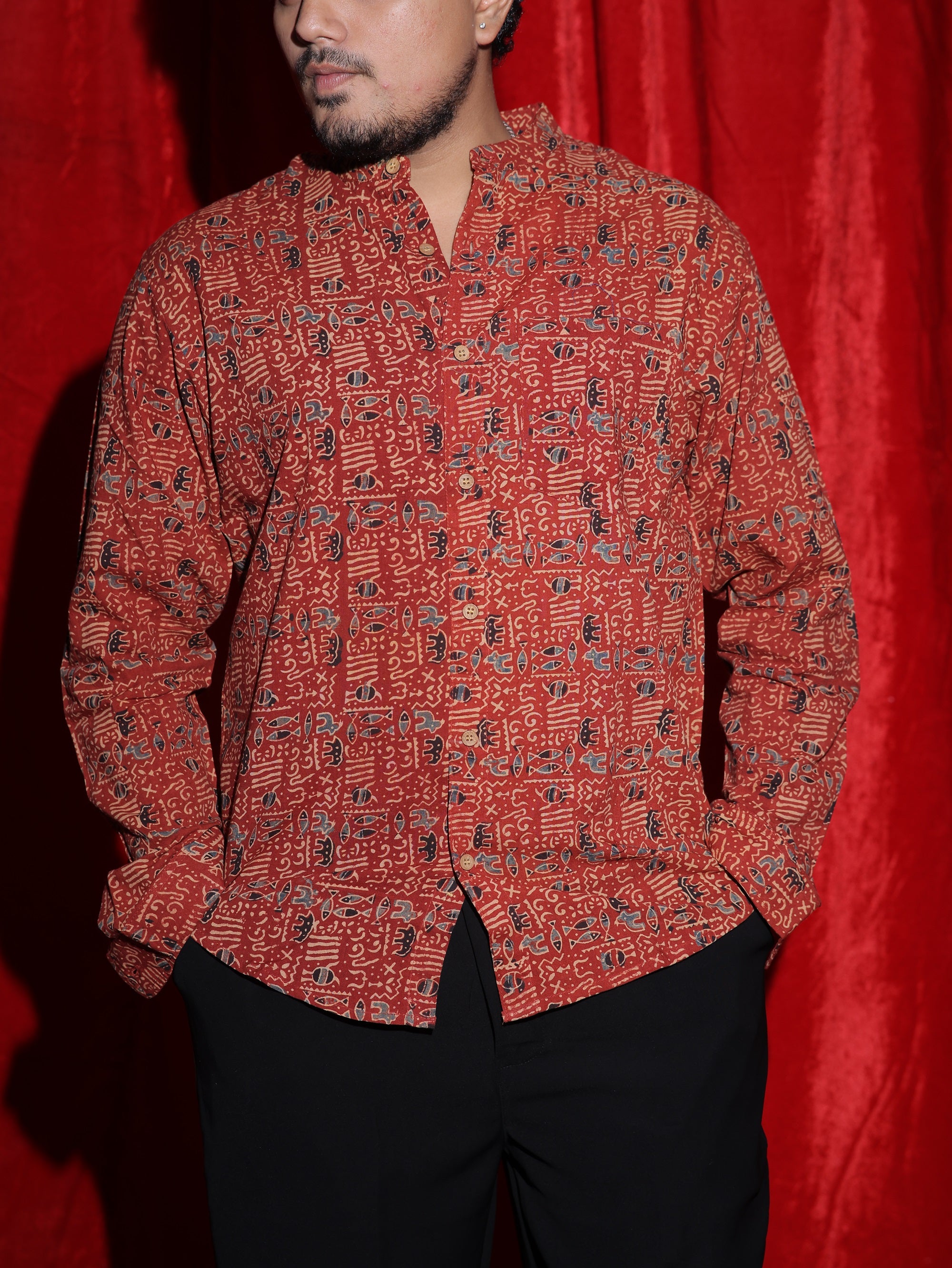 Ethnic Tribal Print Casual Shirt for Men | Rust Red Abstract Full Sleeve Shirt | Indo-Western Statement Fashion Shirt