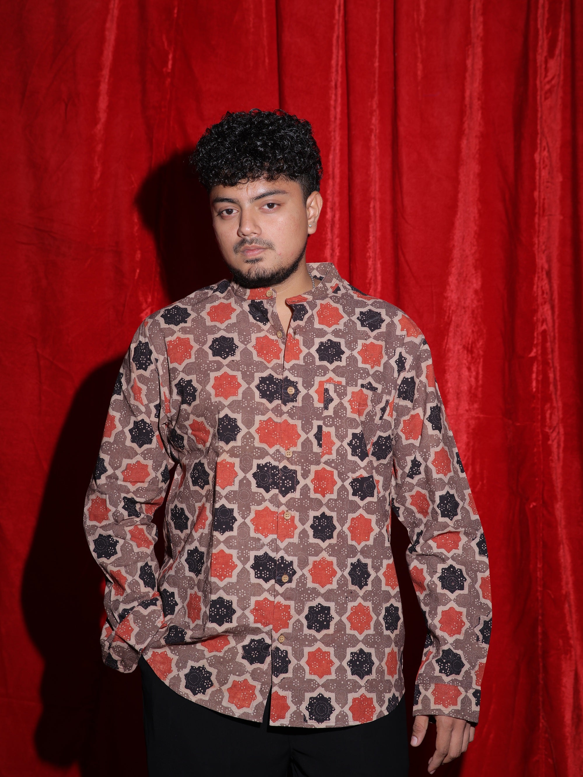 Geometric Ethnic Print Mandarin Collar Shirt for Men | Indo-Western Full Sleeve Casual Shirt | Vintage Pattern Fashion Shirt