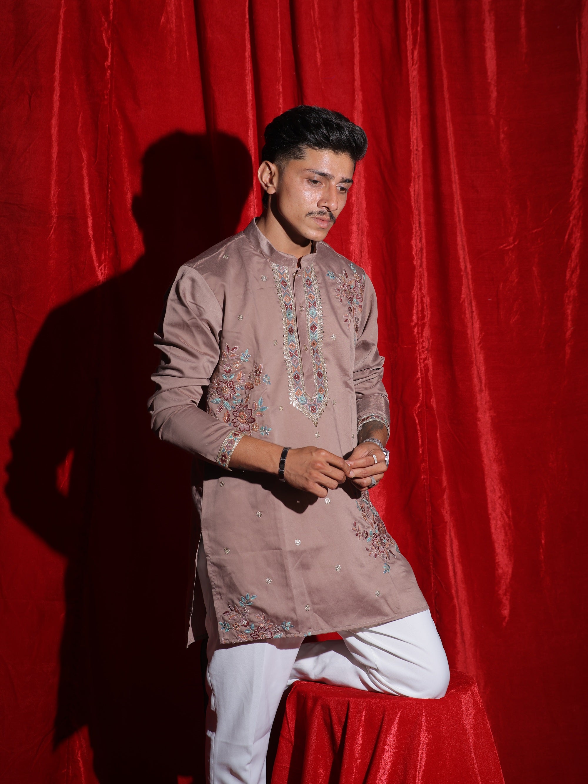 Men’s Dusty Rose Floral Embroidered Kurta Set | Premium Festive Ethnic Wear with White Pajama