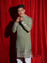 Men’s Olive Green Embroidered Kurta Set with White Pajama | Premium Festive Ethnic Wear