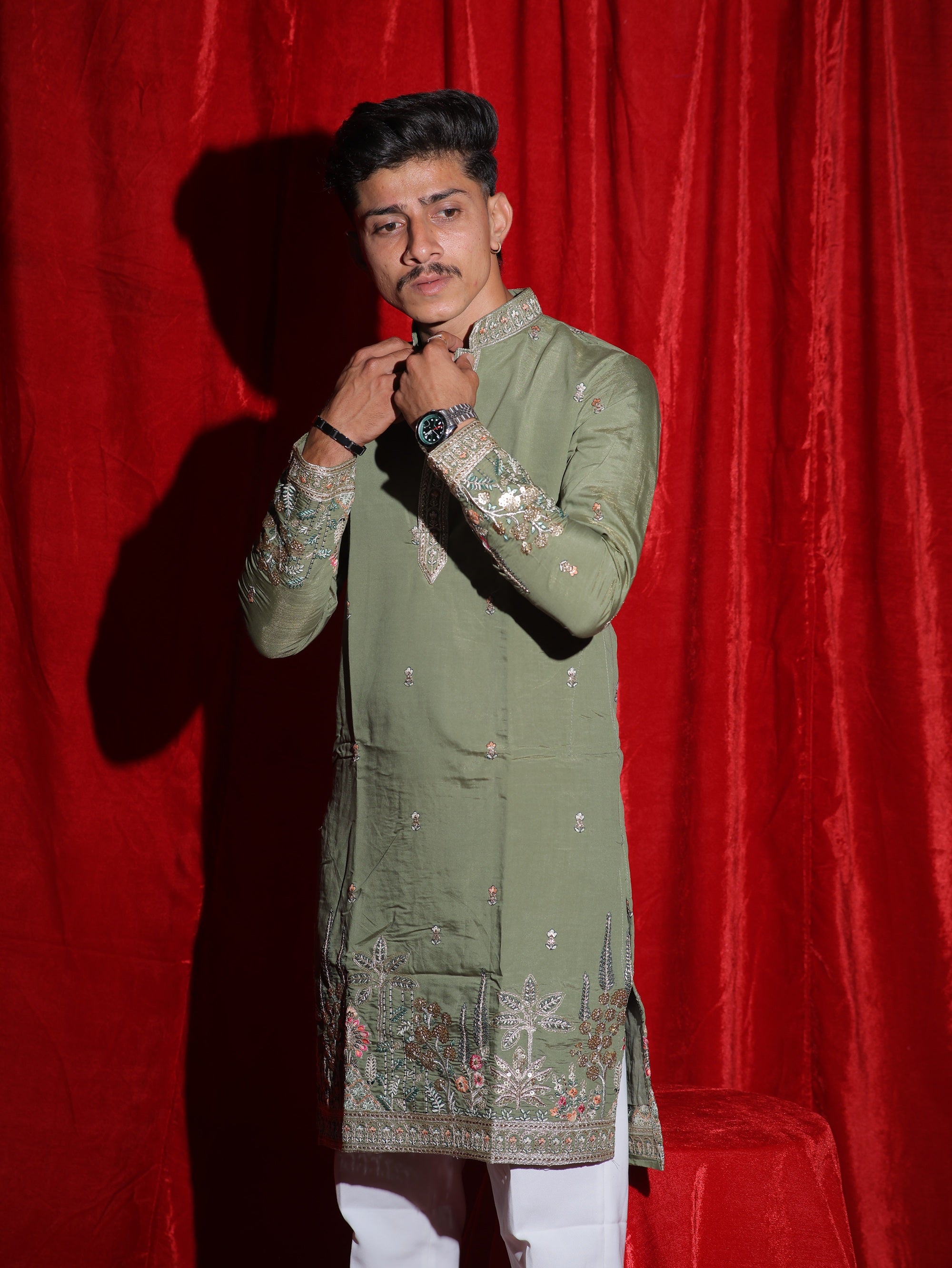 Men’s Olive Green Embroidered Kurta Set with White Pajama | Premium Festive Ethnic Wear