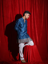 Men’s Royal Blue Embroidered Kurta Set with White Pajama | Luxury Festive Ethnic Wear for Men
