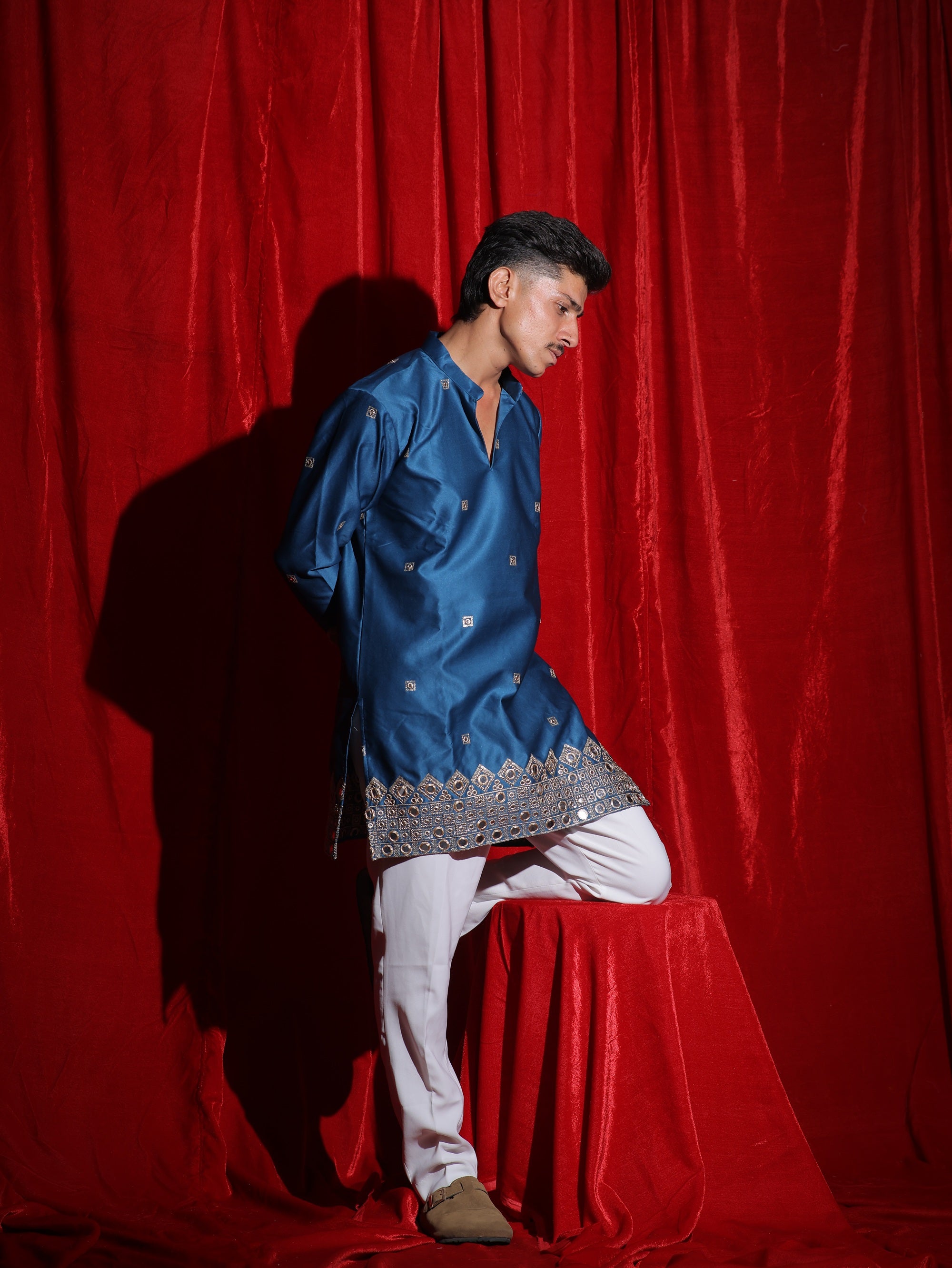 Men’s Royal Blue Embroidered Kurta Set with White Pajama | Luxury Festive Ethnic Wear for Men