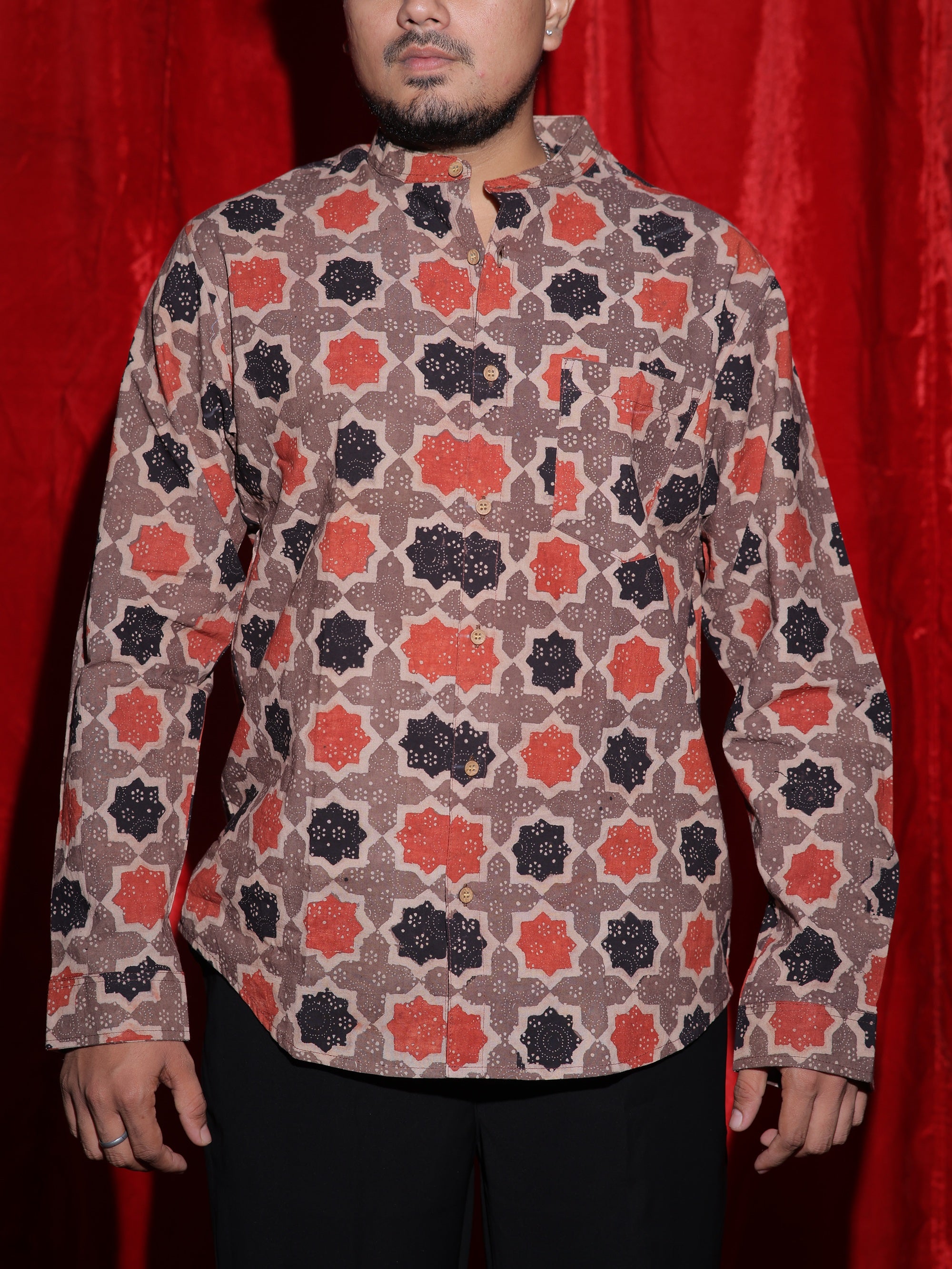 Geometric Ethnic Print Mandarin Collar Shirt for Men | Indo-Western Full Sleeve Casual Shirt | Vintage Pattern Fashion Shirt