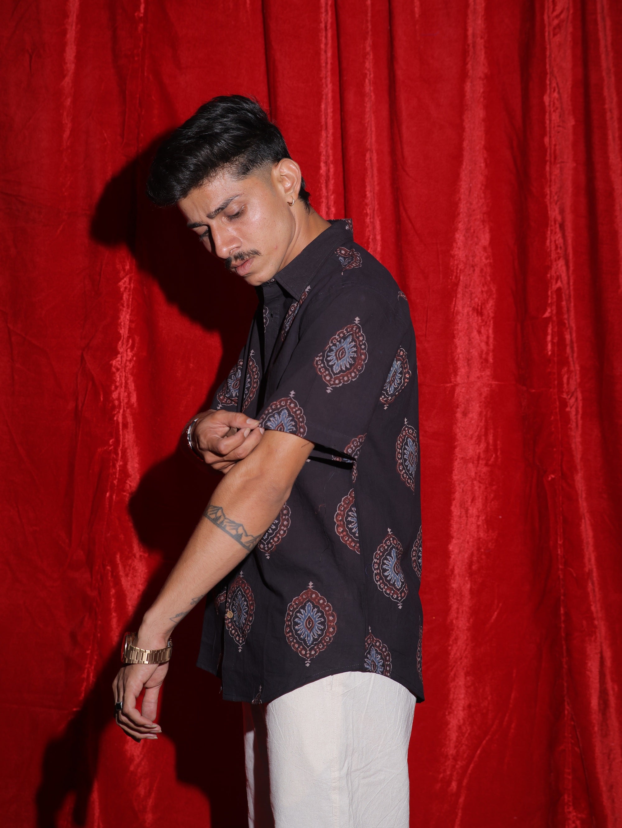 Royal Medallion Print Casual Shirt for Men | Black Ethnic Half Sleeve Shirt | Vintage Indo-Western Fashion Shirt