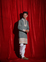 Men’s Sage Green Embroidered Kurta Set with White Pajama | Premium Festive Ethnic Wear for Men