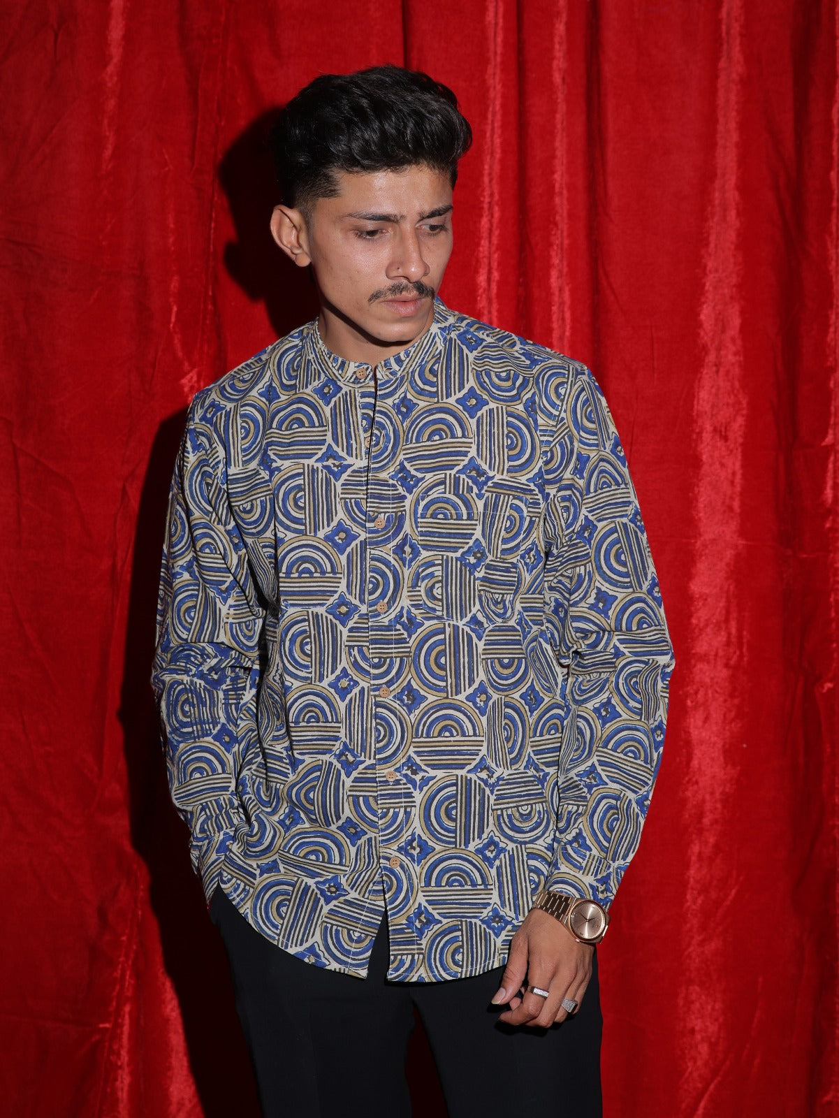 Royal Blue Geometric Printed Mandarin Collar Shirt for Men | Premium Casual Ethnic Shirt