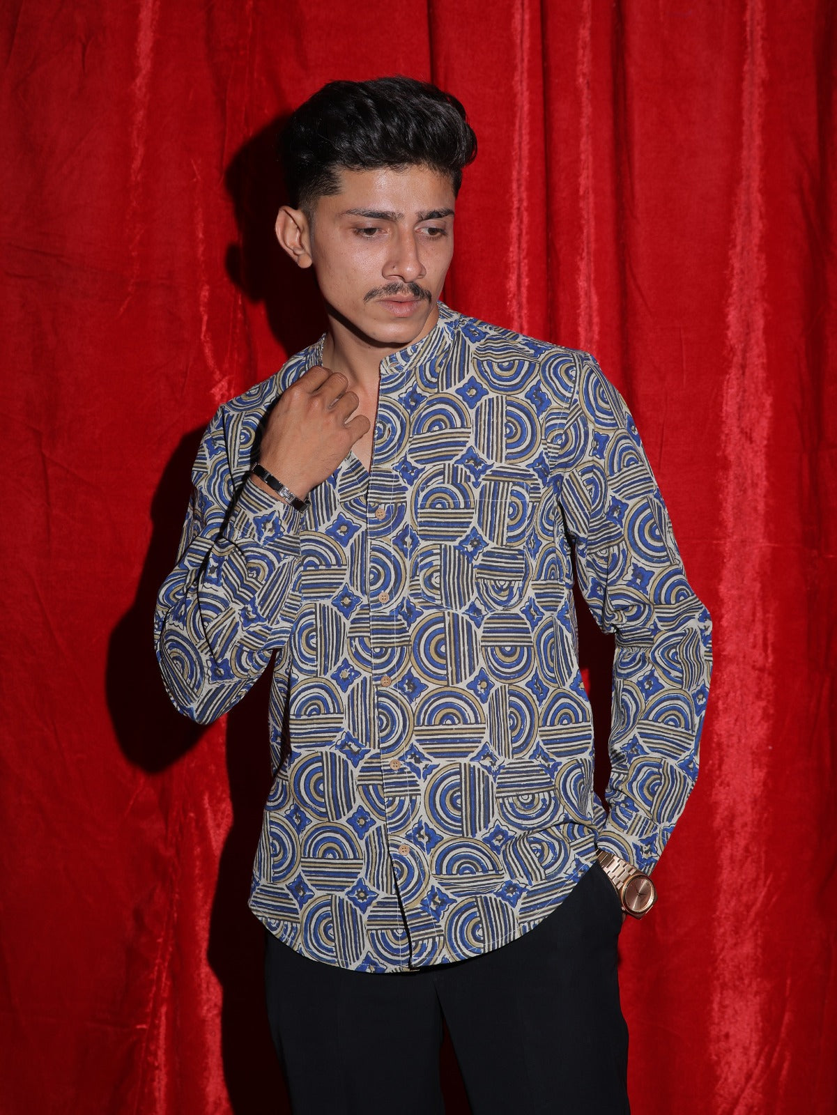 Royal Blue Geometric Printed Mandarin Collar Shirt for Men | Premium Casual Ethnic Shirt