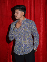 Royal Blue Geometric Printed Mandarin Collar Shirt for Men | Premium Casual Ethnic Shirt