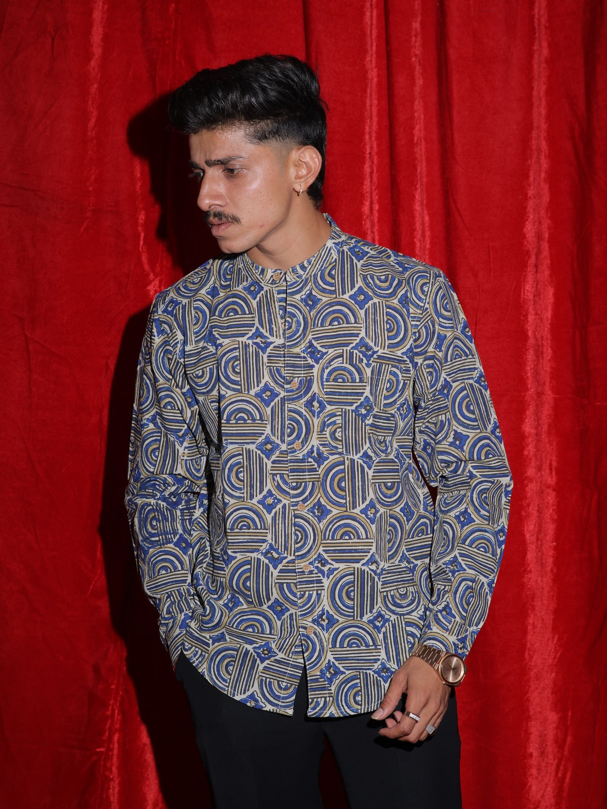 Royal Blue Geometric Printed Mandarin Collar Shirt for Men | Premium Casual Ethnic Shirt